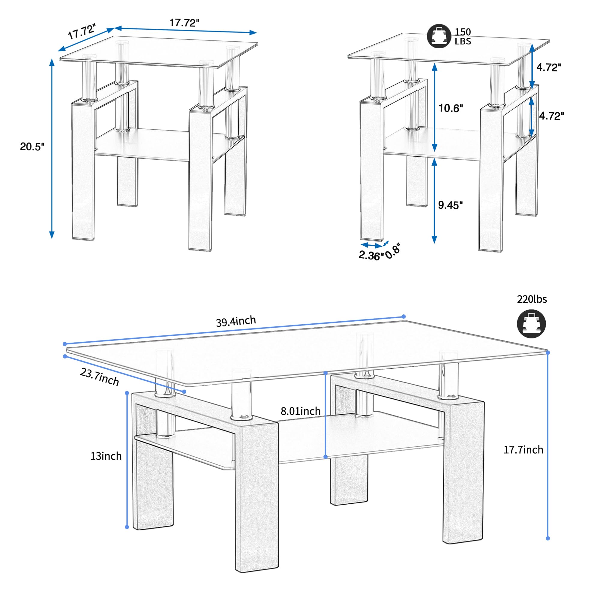 3 Piece Modern Glass Coffee Table Set with Tempered Glass Top & Sturdy Metal Legs - Includes Coffee Table and 2 End Tables - White Legs & Clear Glass - Perfect for Living Room, Bedroom or Office Furniture (Style 1)