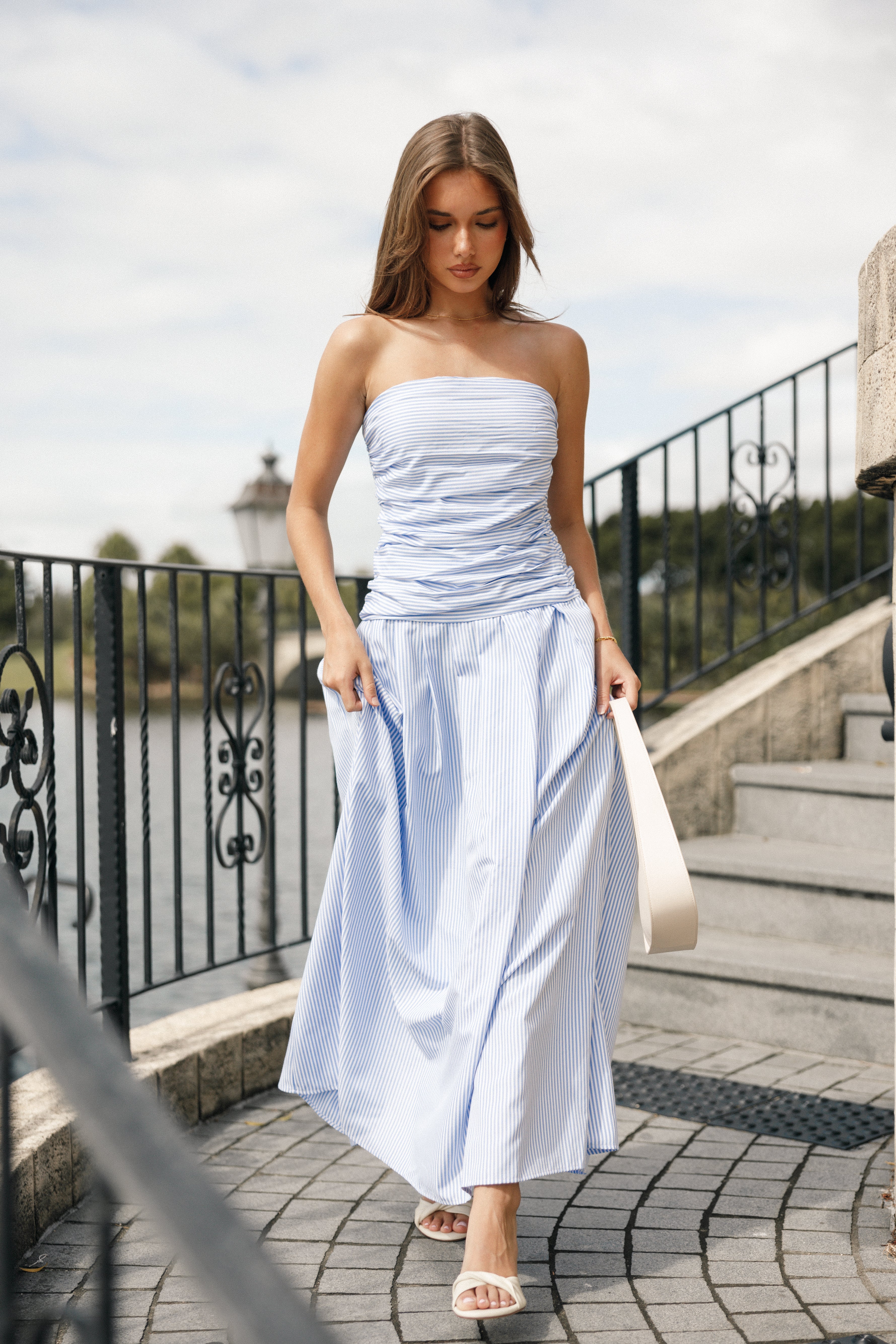 Avalee Women's Strapless Maxi Dress - Blue Striped Flowy Summer Beach Dress for Weddings, Vacations & Evening Parties