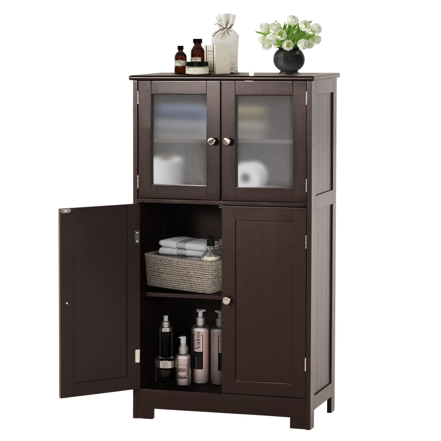 YUMEBUY Wooden Bathroom Storage Cabinet - Freestanding Floor Organizer with Doors & Adjustable Shelves for Bathroom, Kitchen, Living Room, Home Office - Perfect for Small Space Organization & Home Decor