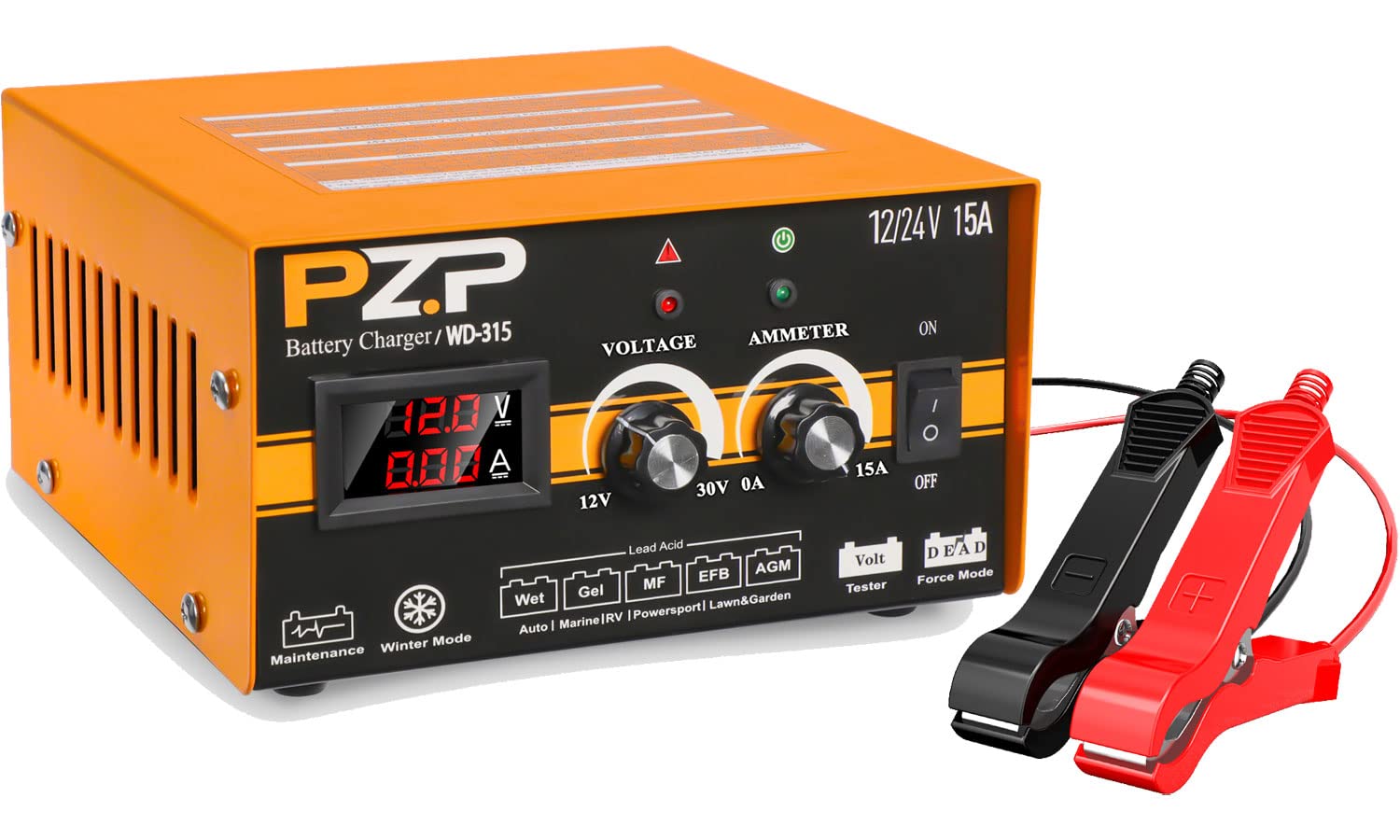 24V 15A Manual Car Battery Charger - Heavy Duty 12V/24V Automotive Battery Maintainer & Trickle Charger for Cars, Trucks, Boats, RVs - Adjustable Smart Charger for Deep Cycle Batteries - Perfect for Winter Storage & Long-Term Vehicle Maintenance