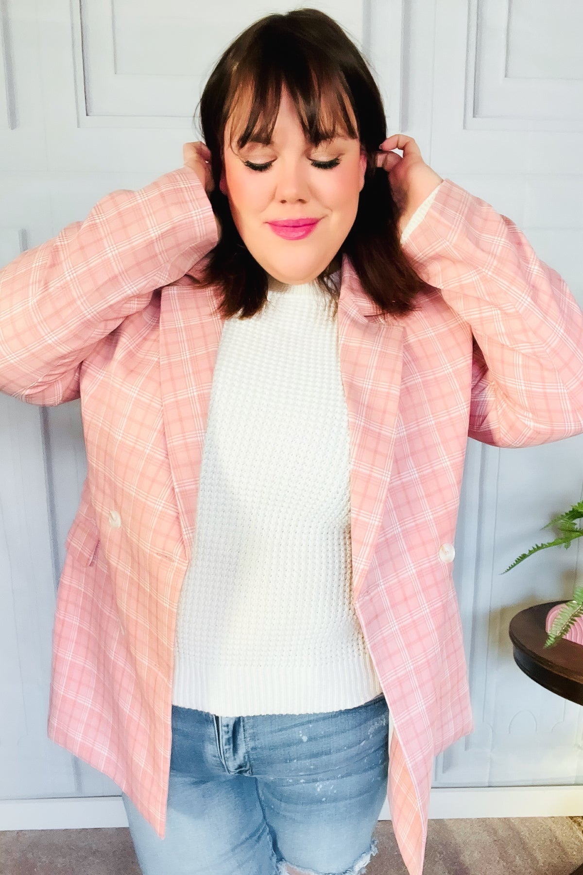Stylish Pink Plaid Double Breasted Blazer with Lapel Collar - Perfect for Office Wear, Business Meetings & Formal Events