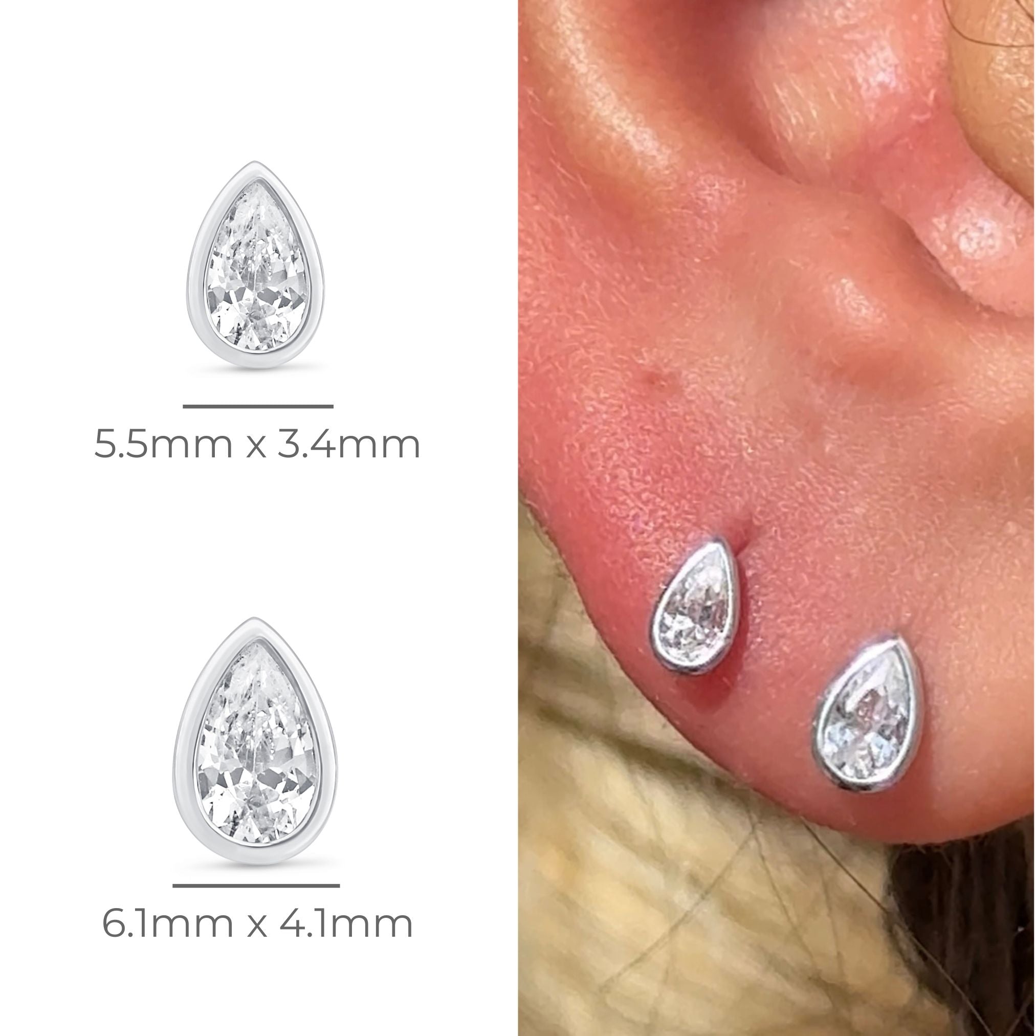 14K White Gold Pear Gemstone Stud Earrings - Flat Back Bezel Set for Secure Wear | Perfect for Everyday, Work & Special Occasions