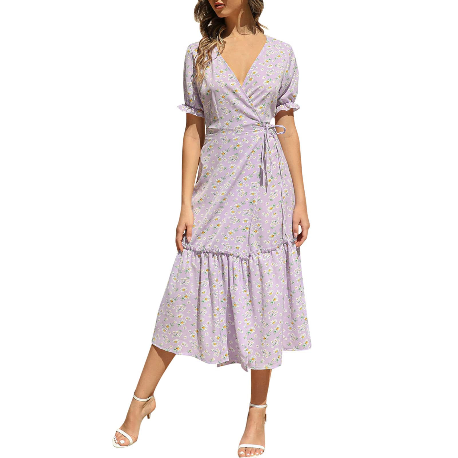 Women's Floral Printed Bohemian V-Neck A-Line Midi Dress - Elegant Casual Short Sleeve Summer Dress in Purple | Perfect for Beach Vacations, Date Nights & Outdoor Parties