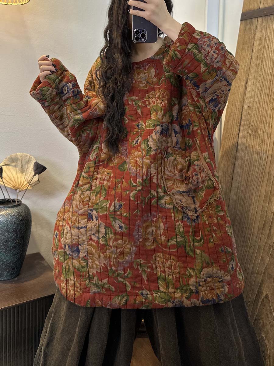 Plus Size Winter Coat for Women - Floral Print Loose Warm Jacket with Pockets | Casual Outerwear for Cold Weather & Holiday Outfits