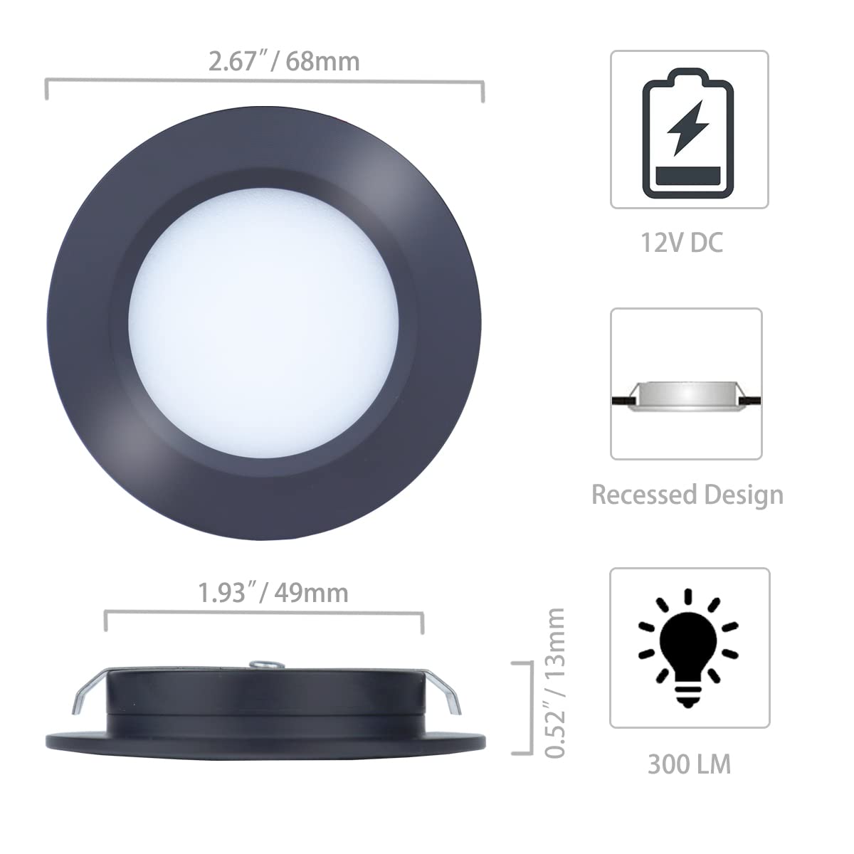 12V DC Recessed LED Ceiling Lights - Warm White 300LM, 3W, Set of 6 - Perfect for RV Interior, Under Cabinet Lighting, Boats & Campers - Energy Efficient Low Voltage Lighting Solution