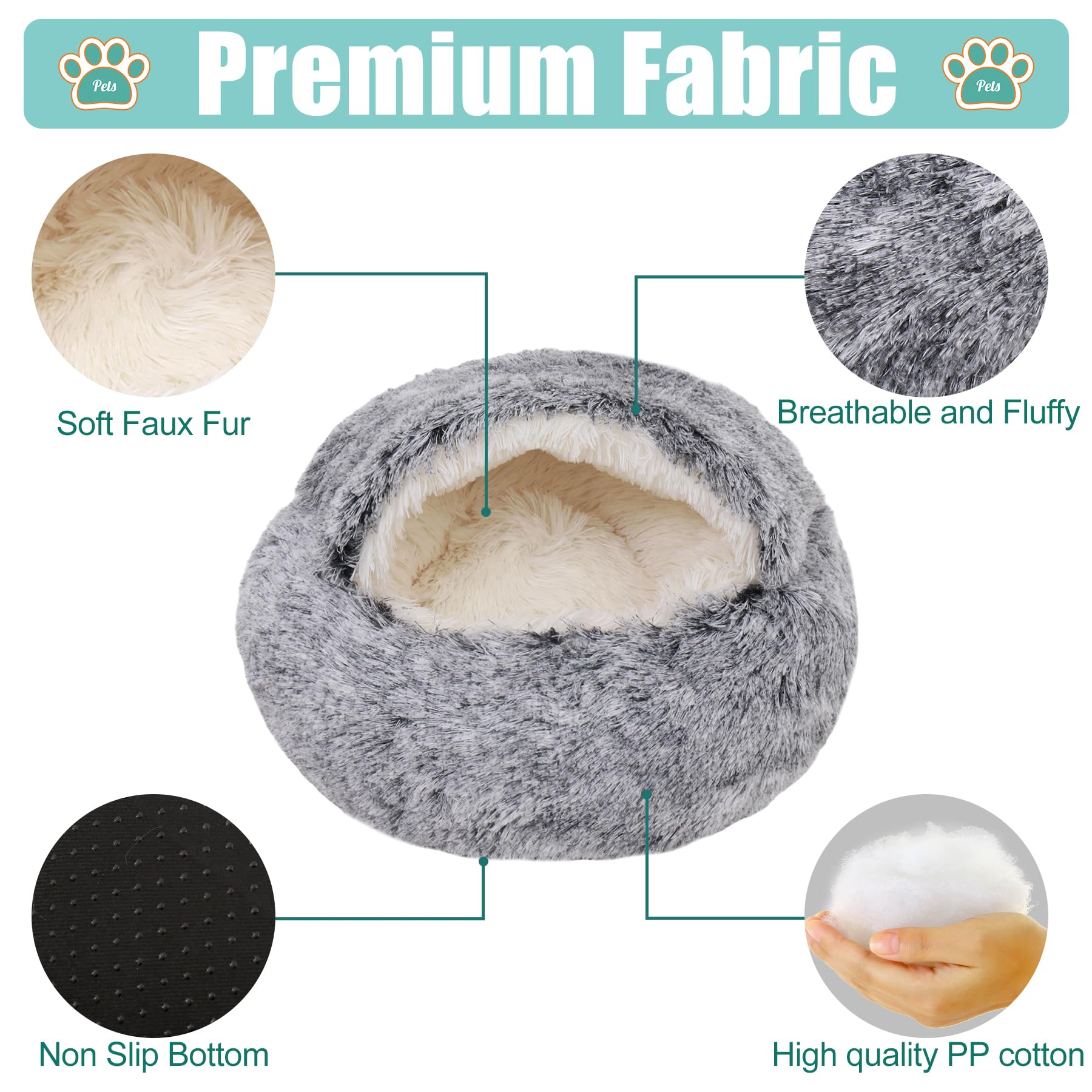 Round Hooded Dog & Cat Cave Bed - Plush Faux Fur Self-Warming Pet Bed with Removable Washable Cover - Cozy Burrowing Donut Bed for Puppies & Kittens - Perfect for Indoor Comfort, Winter Warmth & Anxiety Relief