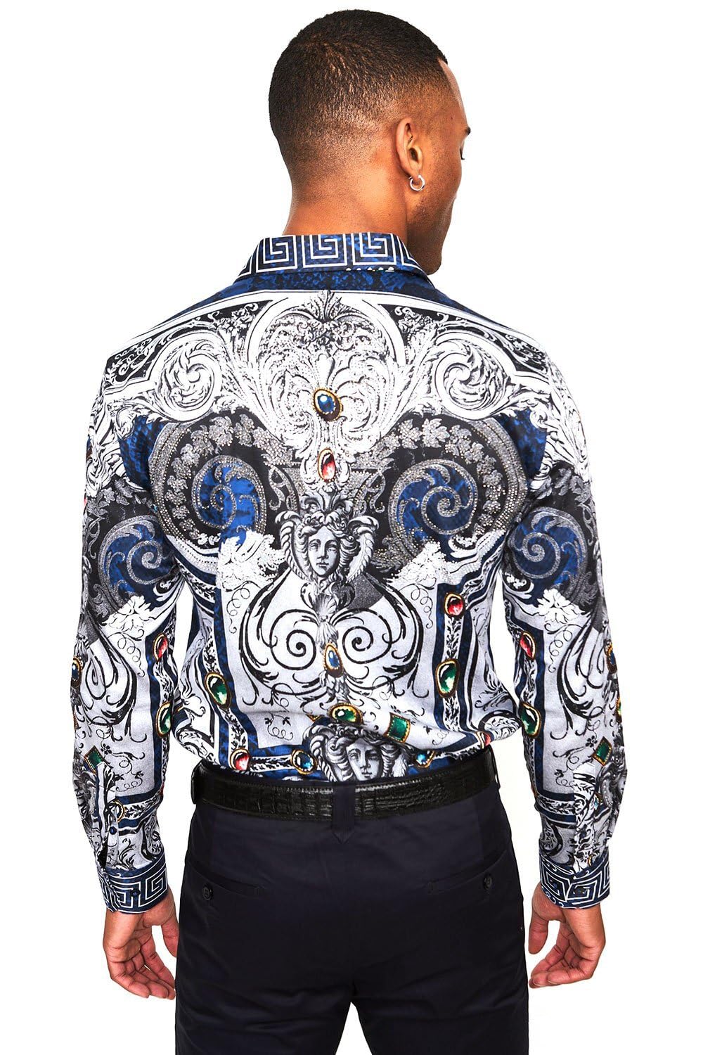 Barabas Men's Rhinestone Greek Snake Pattern Shirt SPR962 - Stylish Party & Nightclub Wear for Men