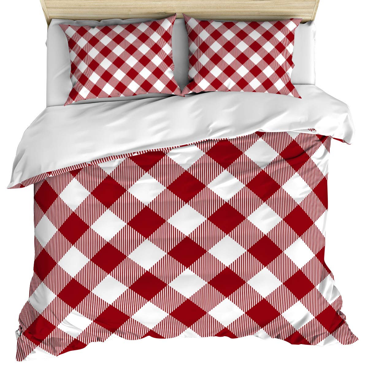 Luxury Full Size Duvet Cover Set - 3 Piece Christmas Buffalo Plaid Red Quilt Cover with Pillow Shams, Farmhouse Checkered Rustic Squares Cotton Soft Bedding for Cozy Winter Bedroom | Washable & Durable for Holiday Home Decor