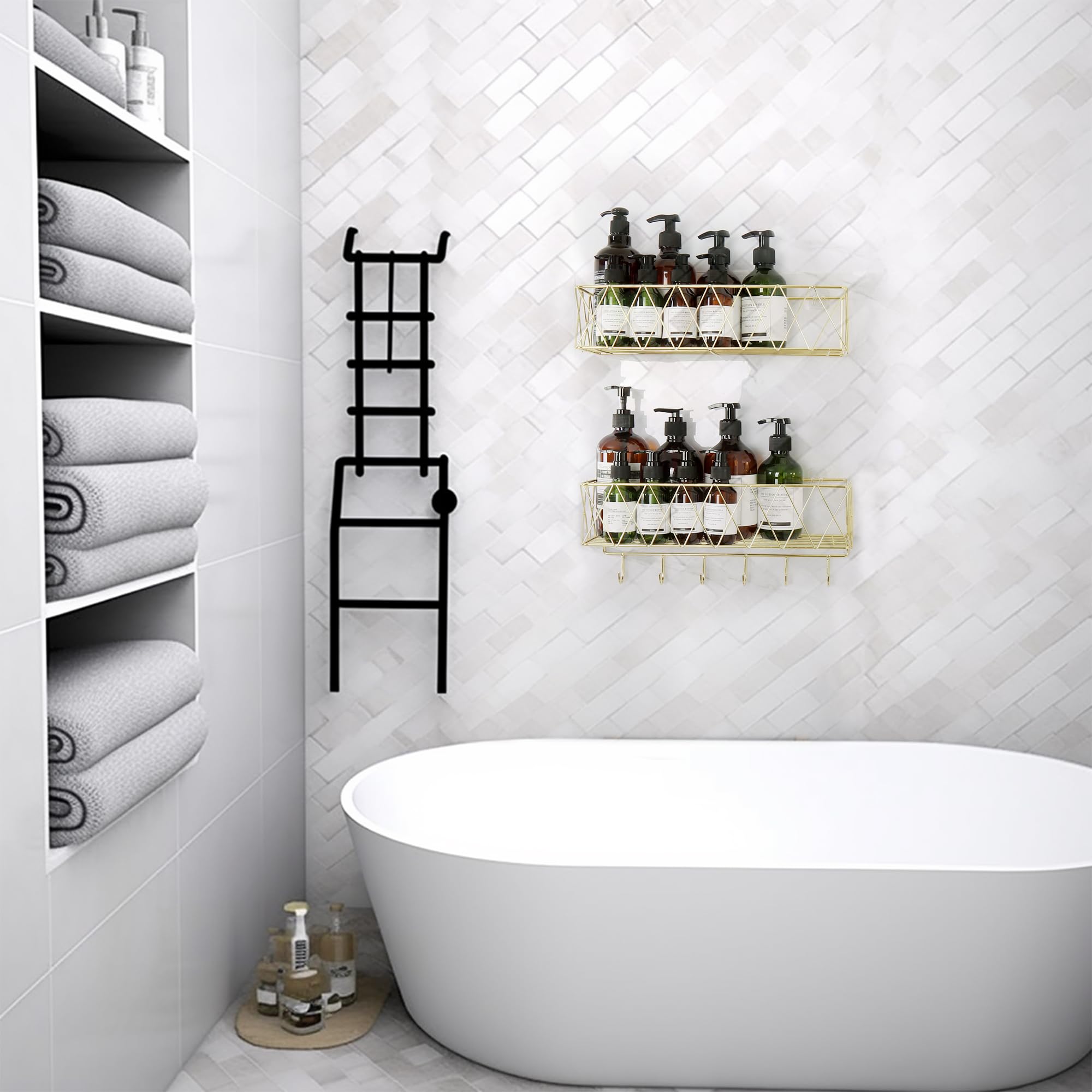 5-Pack Gold Shower Caddy - Rustproof Stainless Steel Bathroom Organizer with Soap Holder & 2 Razor Hooks - Wall Mounted Shelves & Adhesive Rack - Large Capacity Storage Basket - Perfect for Shower, Bathroom & Dorm Decor