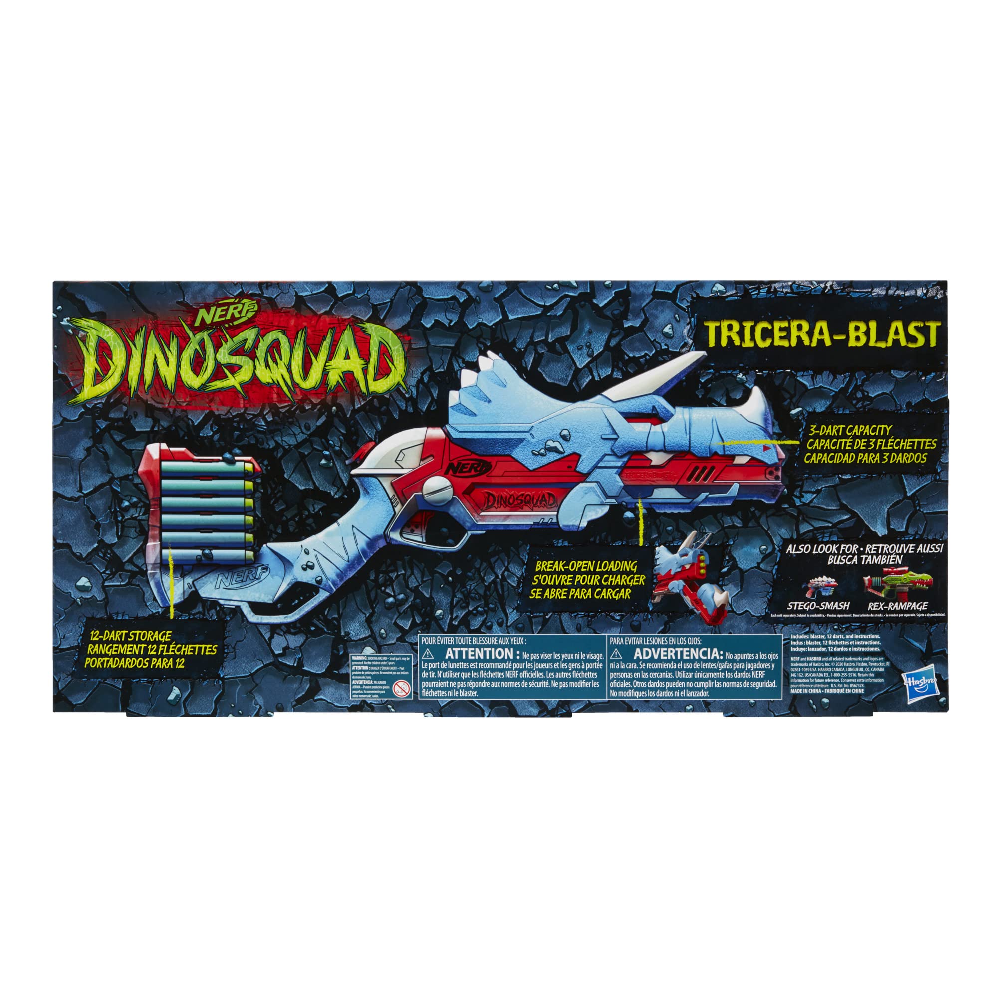 Nerf DinoSquad Tricera-Blast Dart Blaster with 12 Elite Darts - Outdoor Toy for Kids Ages 8+ - Dinosaur-Themed Foam Blaster for Boys and Girls - Perfect for Backyard Battles and Pretend Play