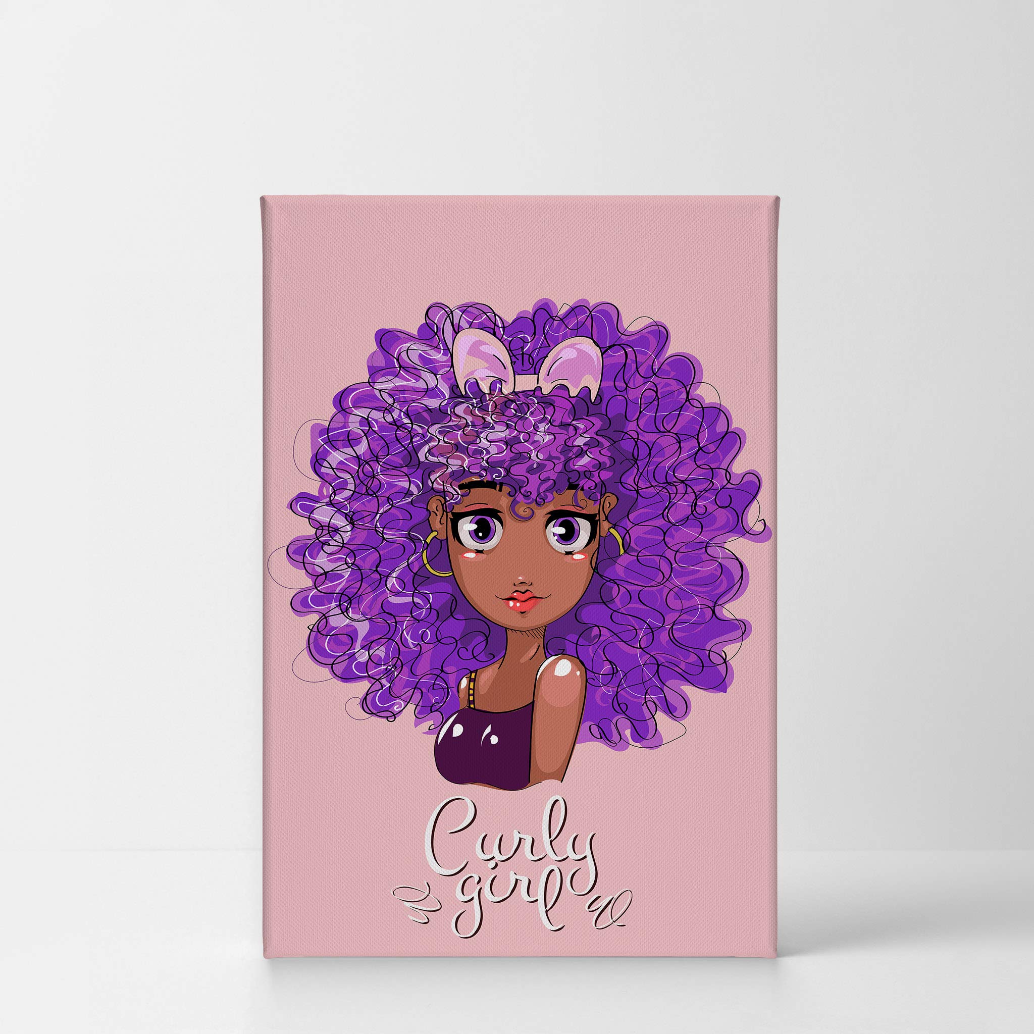 SmileArtDesign Curly Girl African American Kid Canvas Print - Purple Haired Afro Wall Art for Nursery, Kids Room & Home Decor (36x24 Inch, Pink Background, Ready to Hang) - Perfect for Black Girl Empowerment & Children's Bedroom Decor
