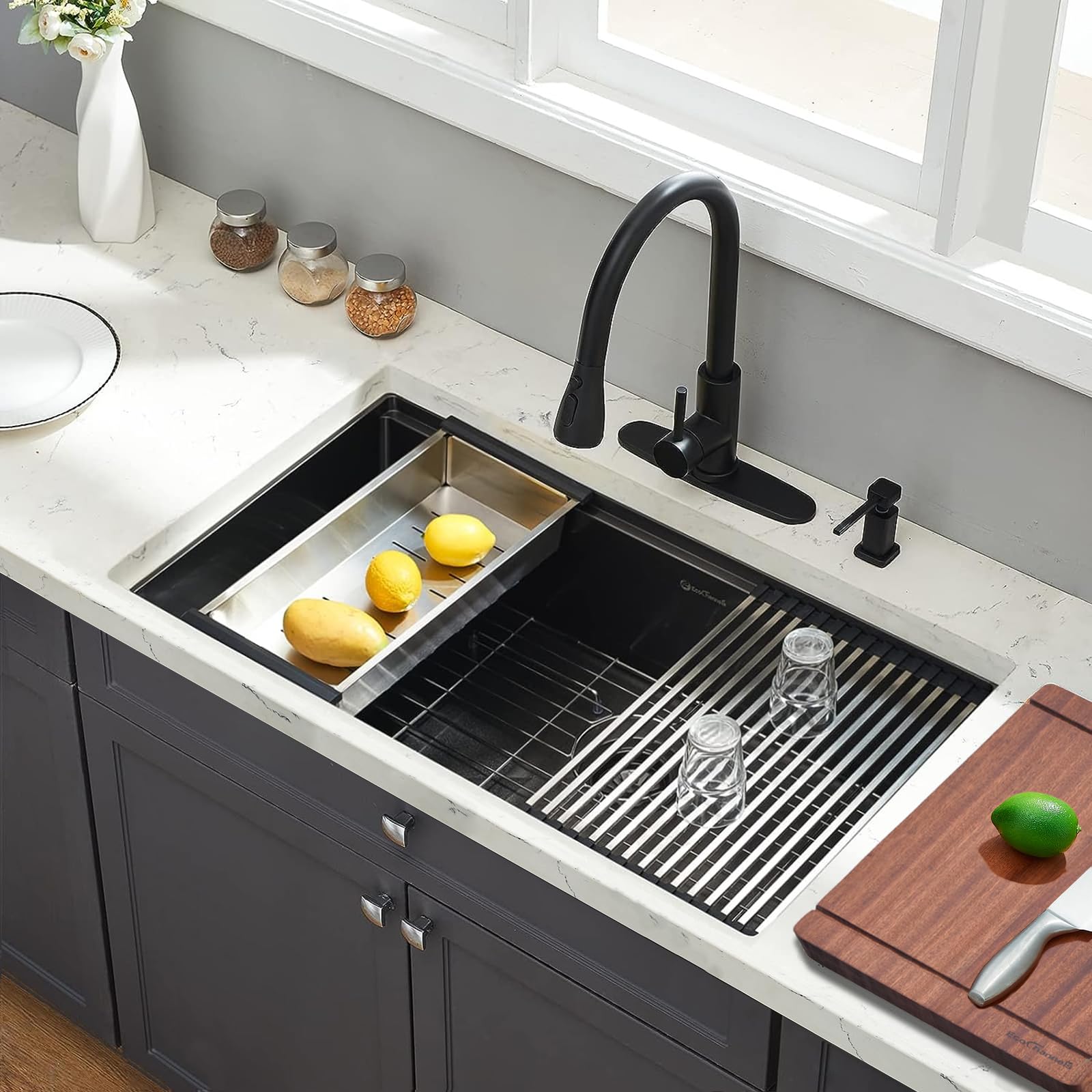 33 x 19 x 10 Inch Undermount Kitchen Sink - 16 Gauge Stainless Steel Single Bowl Workstation Sink with Cutting Board in Gunmetal Black | Perfect for Modern Kitchens, Food Prep & Dishwashing