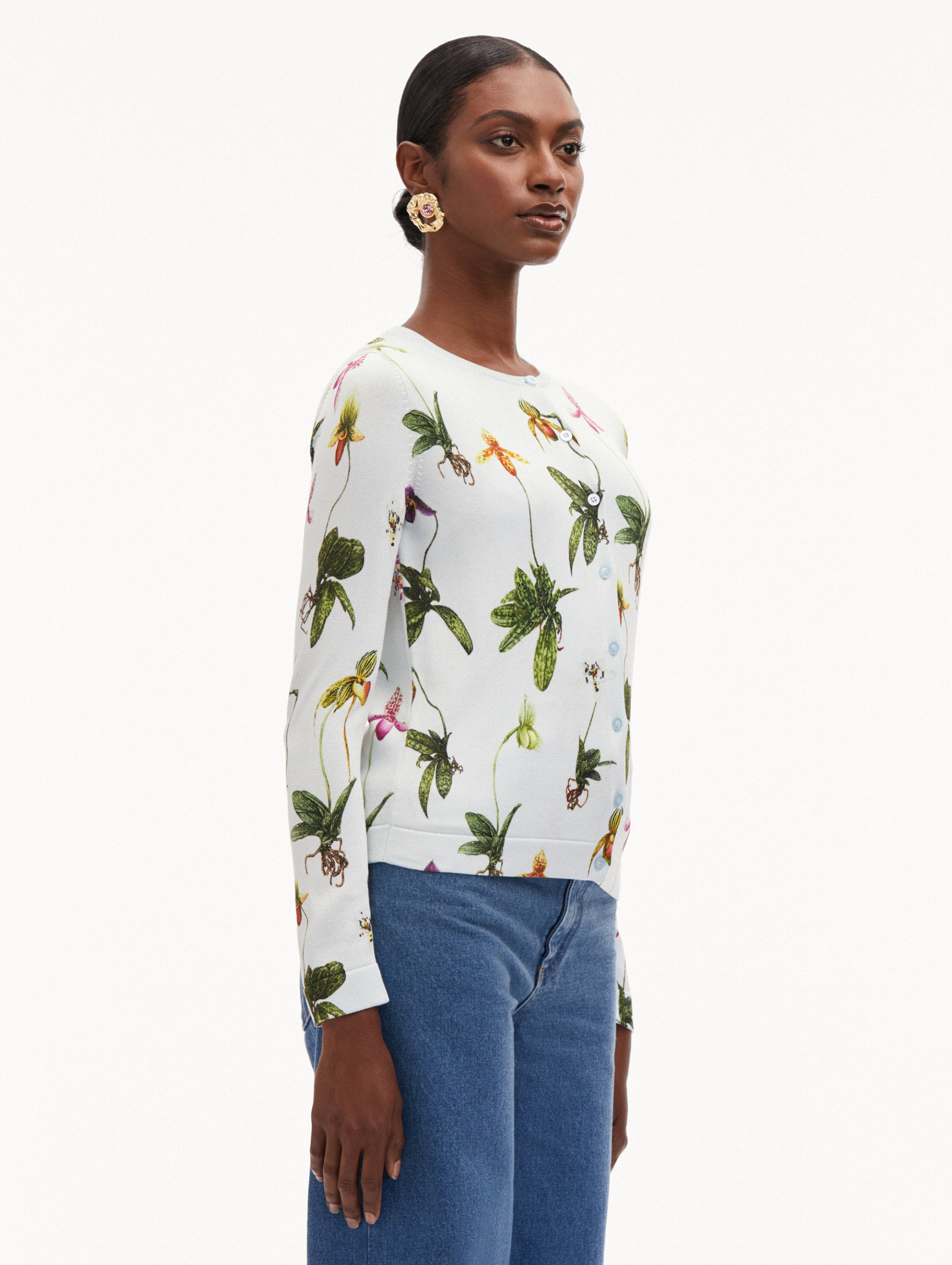 Elegant Orchid Printed Cardigan for Women - Soft & Comfortable Knit Sweater - Perfect for Spring & Fall Outfits, Office Wear, and Casual Dates