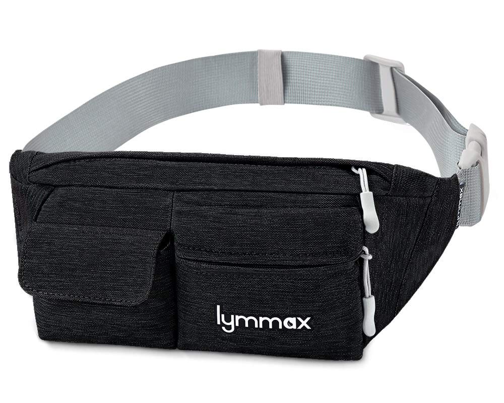 Slim Water Resistant Fanny Pack for Women & Men - 4 Pocket Waist Belt Bag with Phone Holder - Large Capacity Crossbody Pouch for Running, Workout, Travel, Gym, Hiking & Outdoor Activities - Black