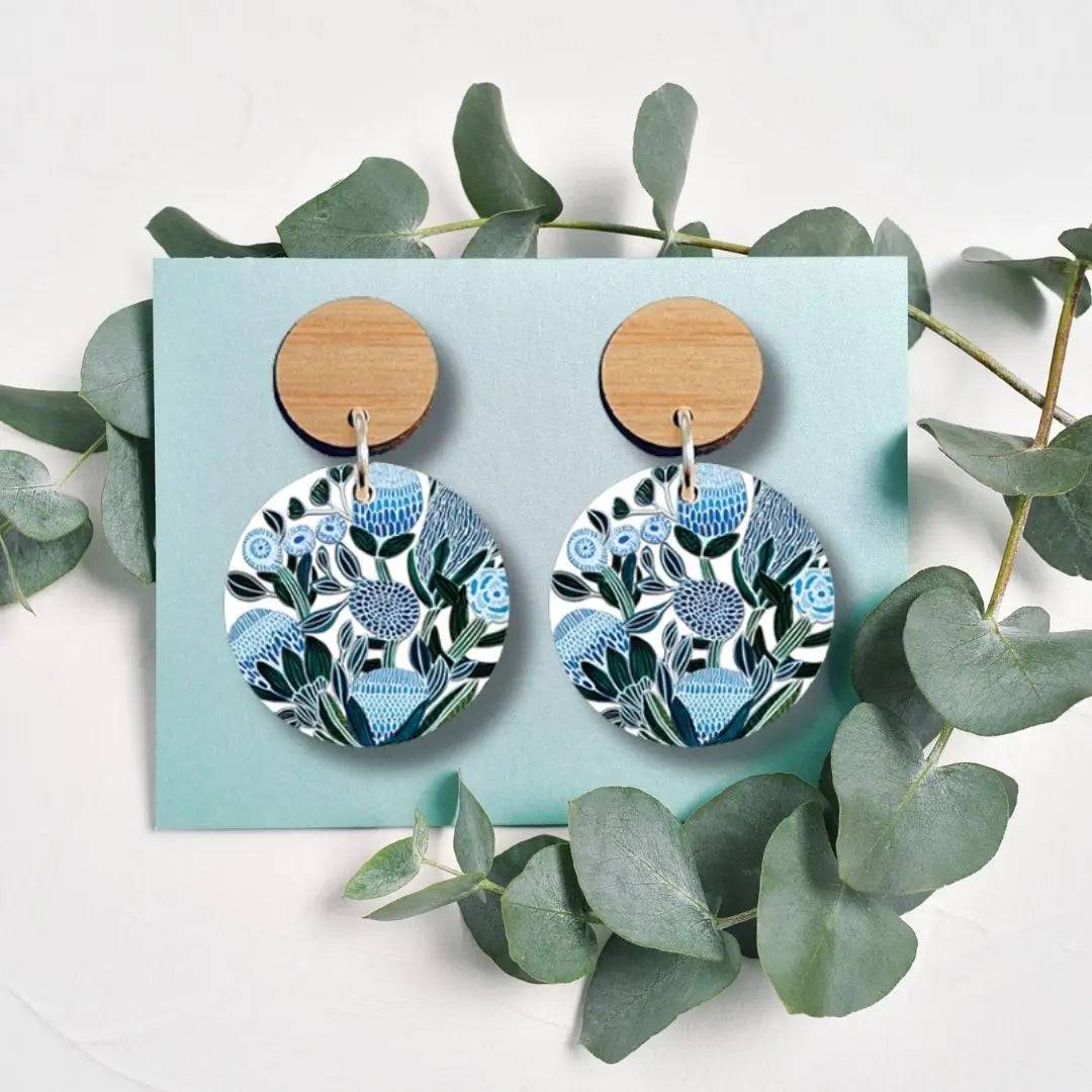 Blue Banksias Wooden Earrings for Women – Handmade Boho Dangle Earrings – Lightweight Wooden Jewelry for Everyday Wear, Parties & Special Occasions