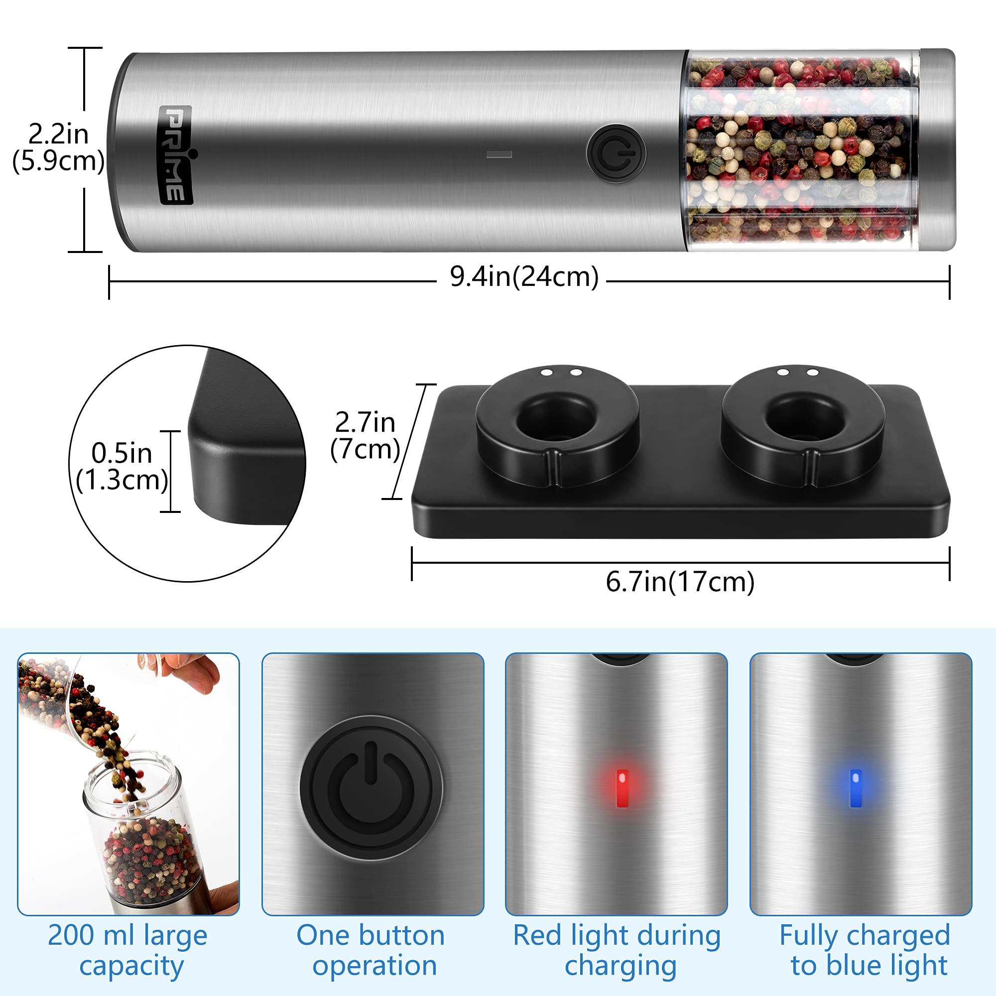 Premium Electric Salt and Pepper Grinder Set - 2 Rechargeable Mills with USB Charging Base & Adjustable Coarseness | Automatic Touch Control | Stainless Steel (Version 2.2) | Perfect for Kitchen, Dining Table & Gourmet Cooking