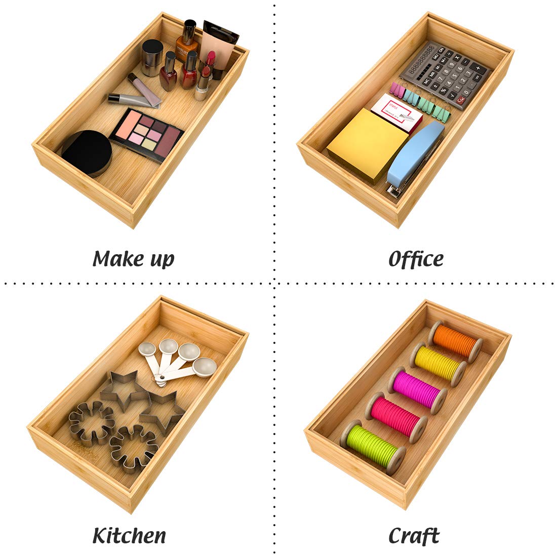 Multi-Purpose Wooden Drawer Organizer - Kitchen Utensil Holder & Bathroom Countertop Caddy (12