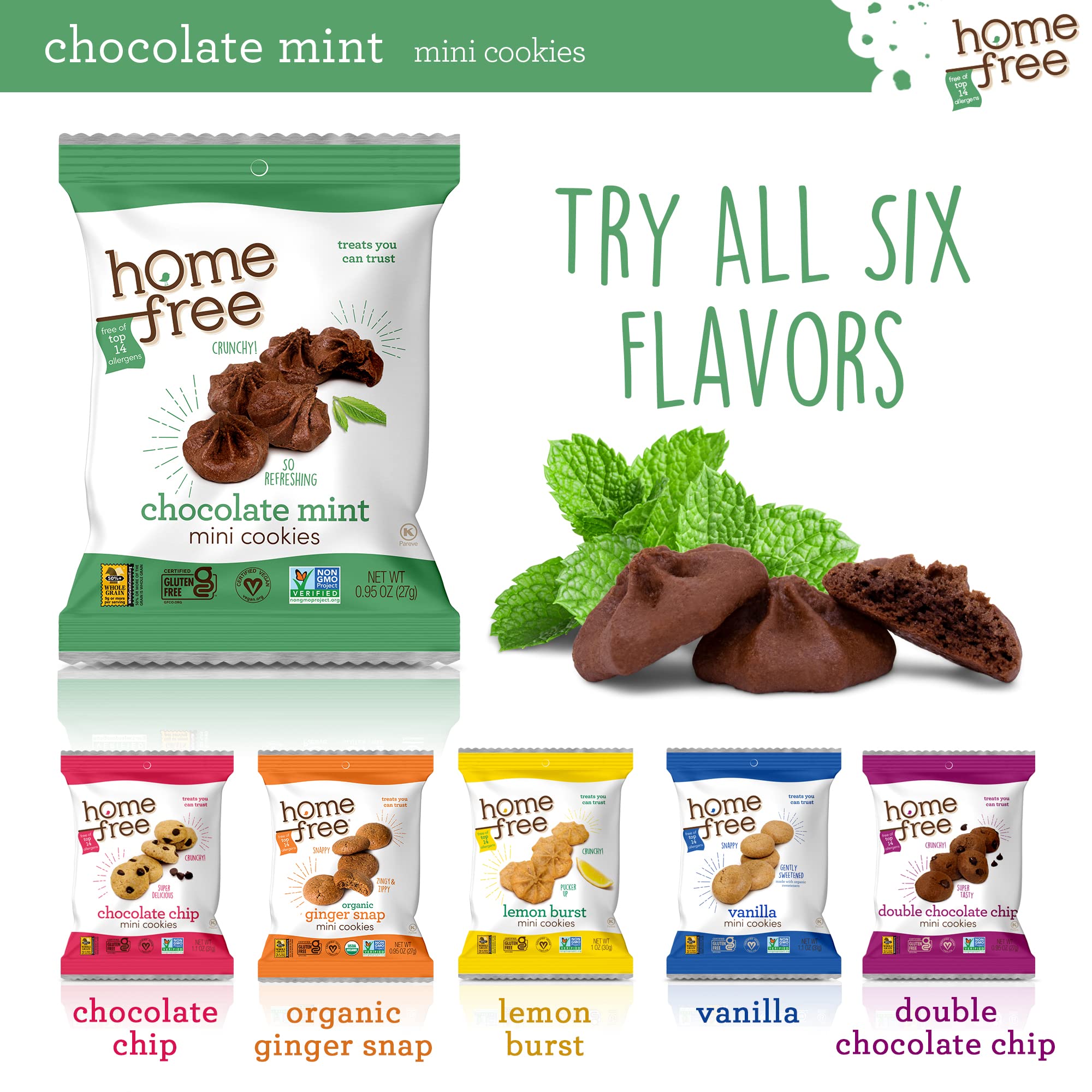 Homefree Chocolate Mint Mini Cookies - Gluten Free, Nut Free, Vegan Snacks - Individually Wrapped 0.95 oz Packs (64 Count) - Perfect for School Lunches, Allergy-Friendly Treats & On-the-Go Healthy Snacking