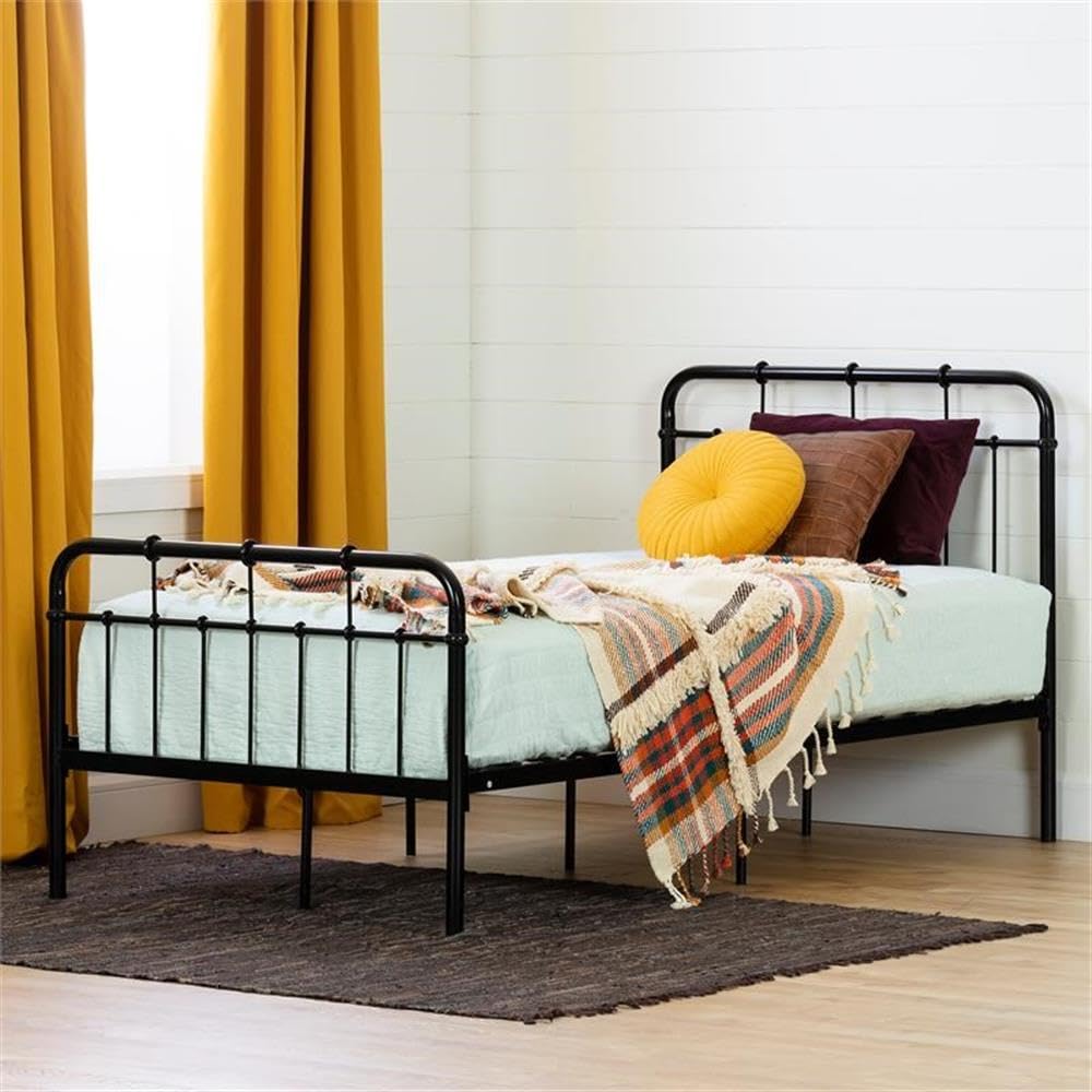 Pemberly Row Industrial Platform Bed - Twin Size Metal Frame with Spindle Headboard & Footboard, No Box Spring Needed - Perfect for Modern Bedrooms & Dorm Rooms