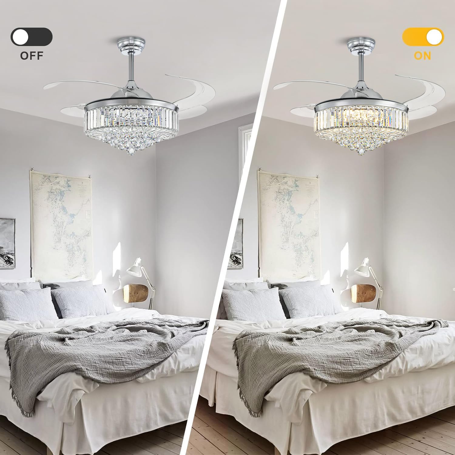 Moooni Modern 48 Inch Dimmable Crystal Ceiling Fan with Retractable Blades, Remote Control & LED Light Kit - Polished Chrome for Bedroom, Living Room & Dining Room