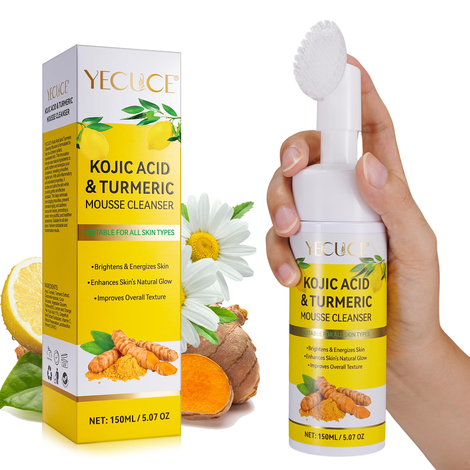 Turmeric & Kojic Acid Facial Cleansing Mousse - Deep Pore Cleanser for Skin Brightening, Firming & Keratin Removal (150ml) | Gentle Face Wash for Daily Skincare Routine & Acne-Prone Skin