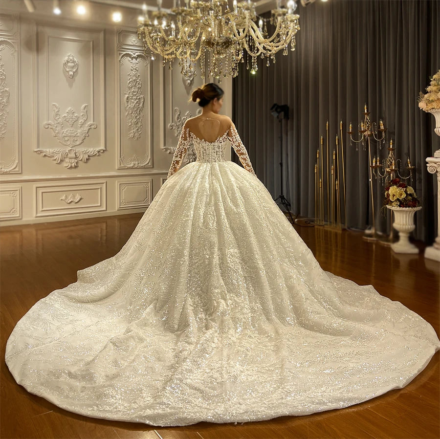Elegant Long Sleeve Off-White Lace Ball Gown Wedding Dress - Luxury Bridal Gown for Romantic Ceremonies & Formal Events