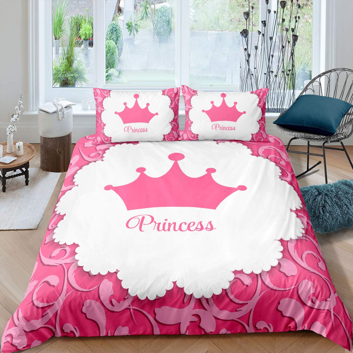 **Erosebridal Crown Print Twin Size Bedding Set - Princess Style Pink Cartoon Duvet Cover with Floral Pattern & Zipper Closure for Girls & Teens | Perfect for Kids' Bedrooms, Sleepovers & Themed Decor**