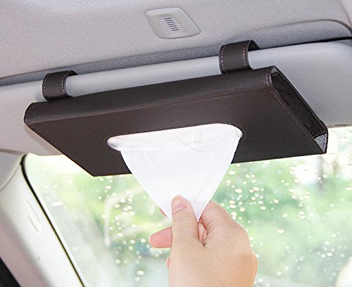 Follicomfy Premium Leather Car Visor Tissue Box Holder - Hanging Car Backseat Tissue Dispenser - Multi-Functional Slim Paper Towel Cover (Includes 1 Tissue Box) - Black - Perfect for Road Trips, Daily Commutes & Family Travel