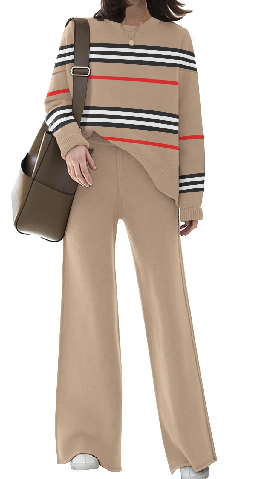ETCYY Women's Elegant Knit Lounge Set - 2 Piece Sweatsuit with Cozy Sweater Top & Wide Leg Sweatpants | Soft Comfort Outfit for Home, Yoga, Travel & Casual Wear