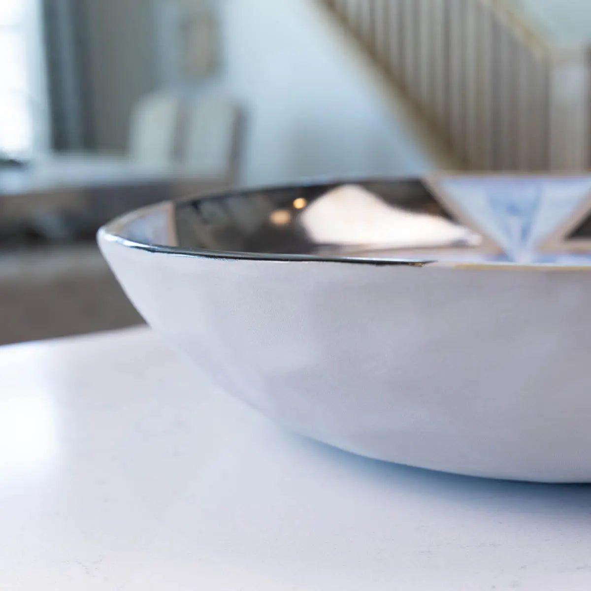 XXL Gray Stoneware Serving Bowl - Handcrafted Decorative Bowl with Reflective Glaze in Blue, Cream & Purple | Alchemy Collection | Perfect for Dining Table Centerpiece, Fruit Display & Home Decor
