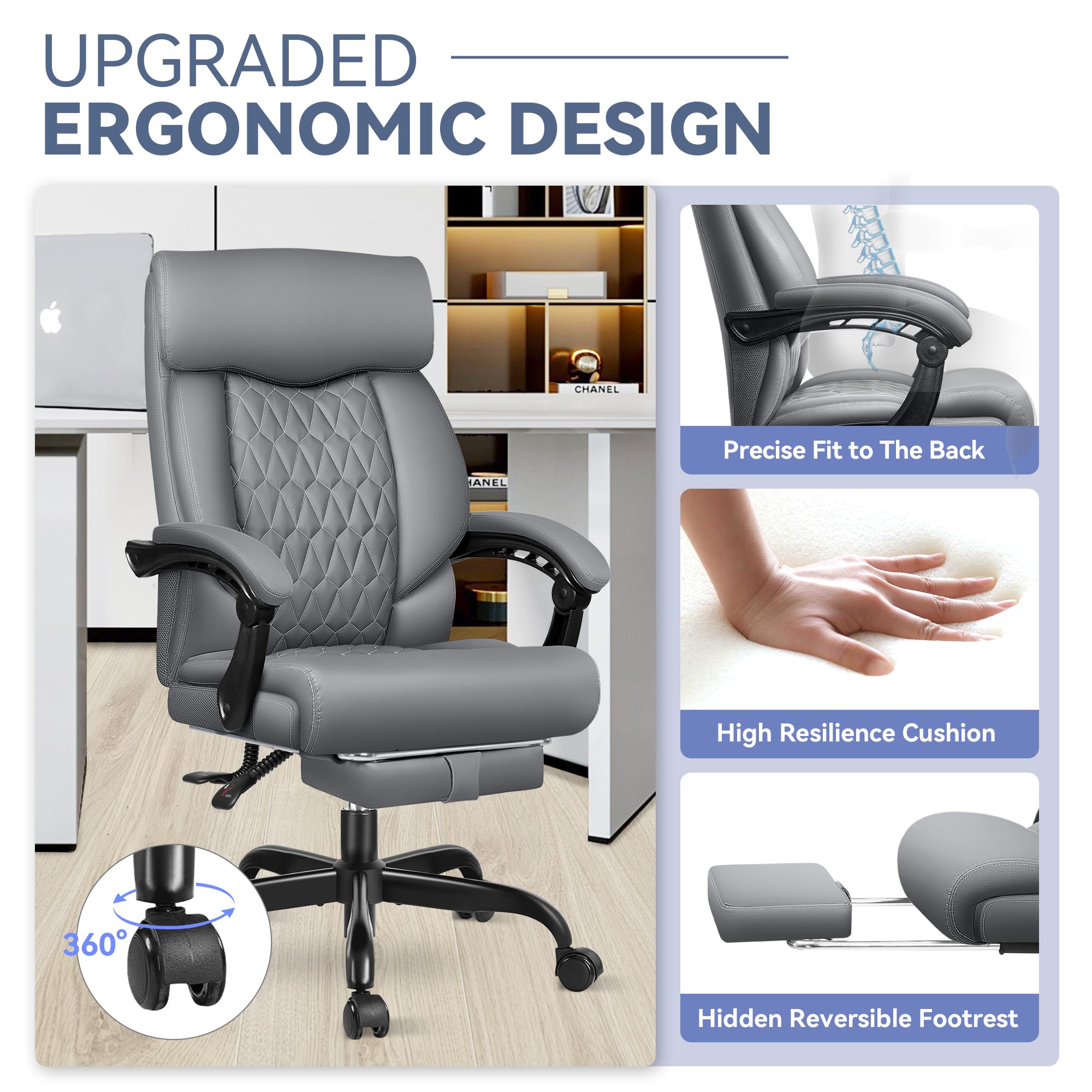 Big and Tall Reclining Executive Leather Office Desk Chair with Footrest and Lumbar Support - Ergonomic High Back Chair for Home Office, Gaming, and Conference Rooms