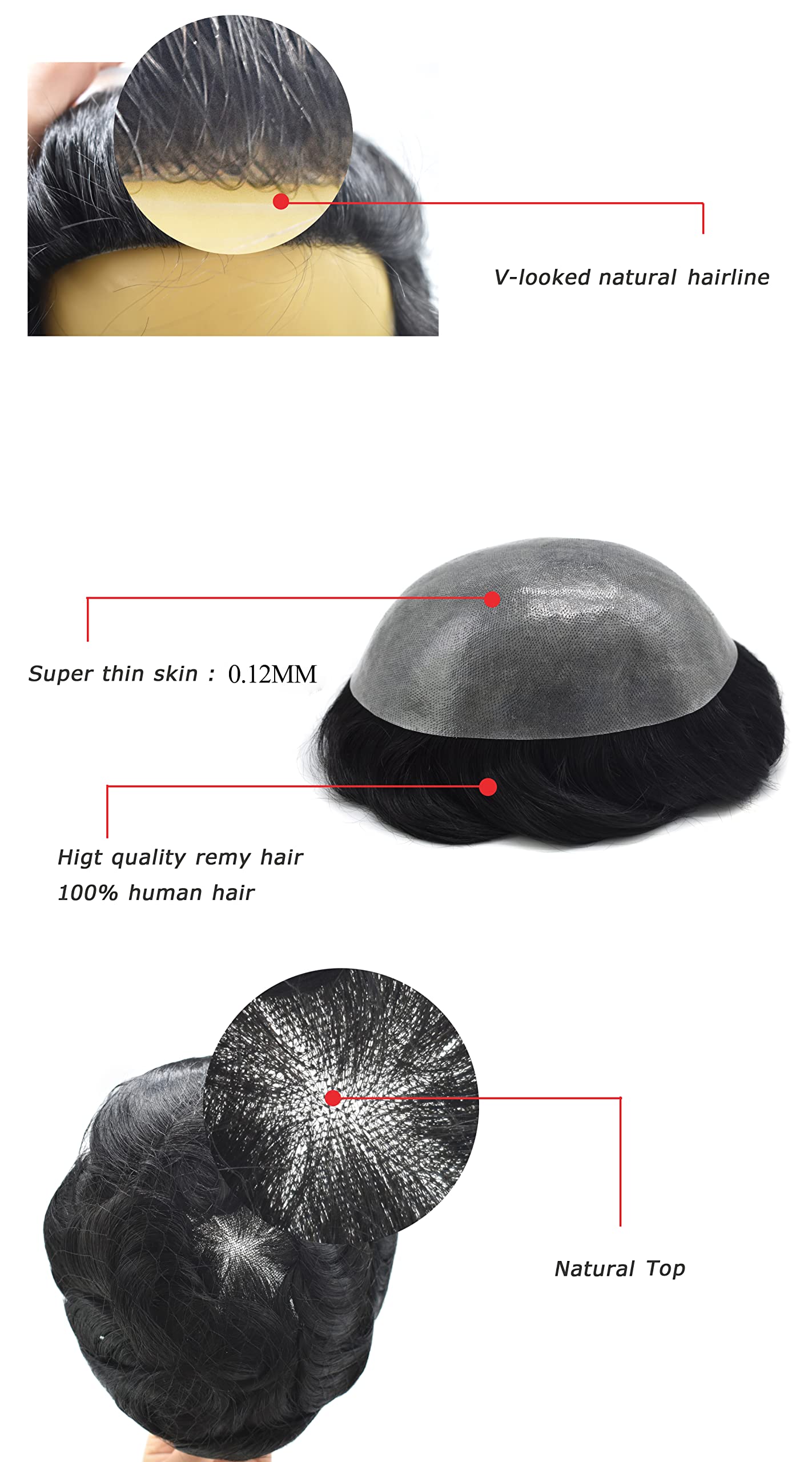 Premium 100% European Human Hair Toupee for Men - 0.12mm Thin Skin V-looped Hair Replacement System with Durable Poly Base (8