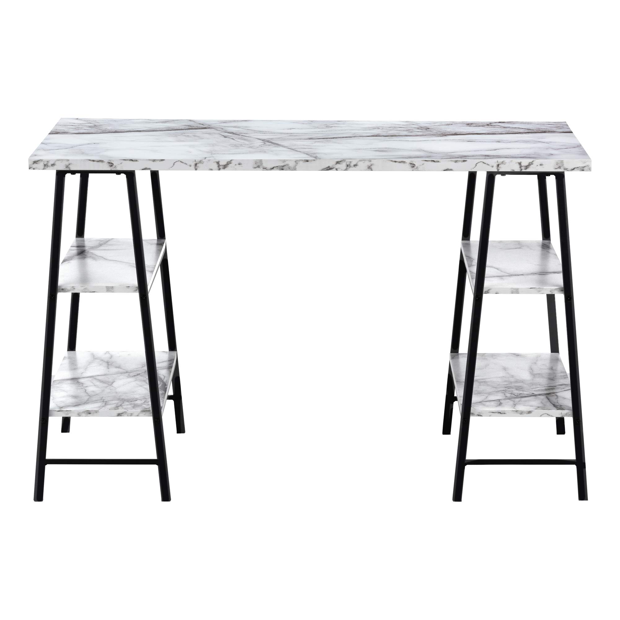 Monarch Specialties I 7527 48-Inch Modern Computer Desk with Storage Shelves - White Marble Look & Black Metal Frame - Home Office & Laptop Workstation for Contemporary Spaces