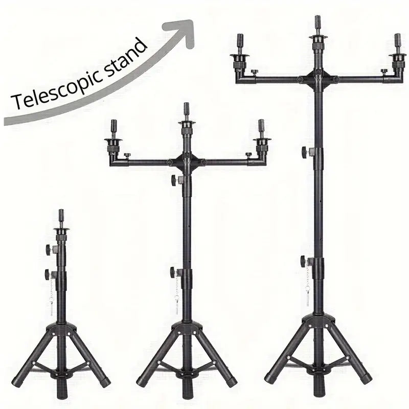 Multifunction Triple Wig Tripod Stand - Lightweight & Adjustable Black Wig Display Holder for Styling, Photography, and Salon Use