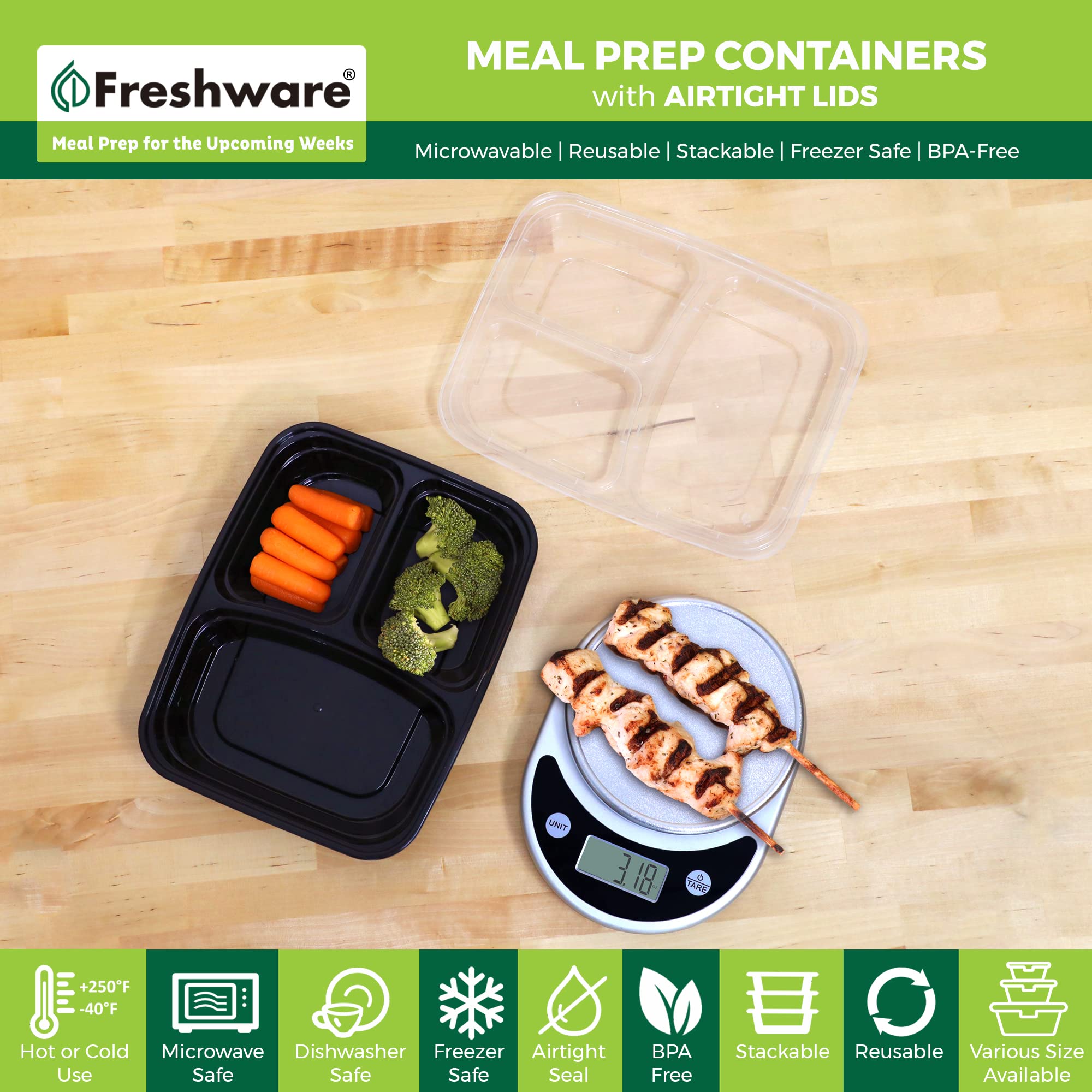 Freshware 25-Pack Meal Prep Containers with Lids - 3 Compartment Bento Box Food Storage Containers, Stackable, Microwave & Dishwasher Safe (32 oz) - Perfect for Meal Prepping, Lunches, Leftovers & Office/School Meals