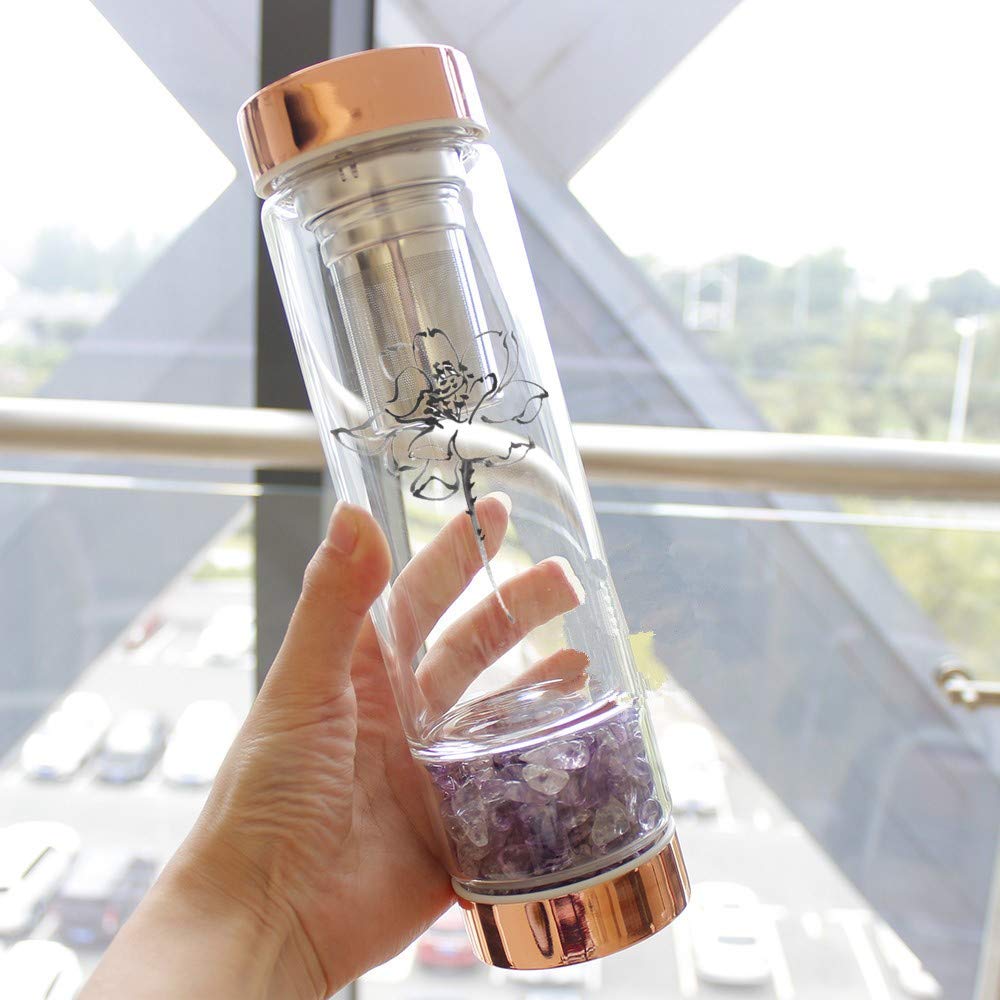 **15 oz Rose Quartz Crystal Infused Water Bottle with Tea Strainer - Chakra Healing & Wellness, Reusable Glass Bottle for Detox, Yoga, Meditation & Daily Hydration**