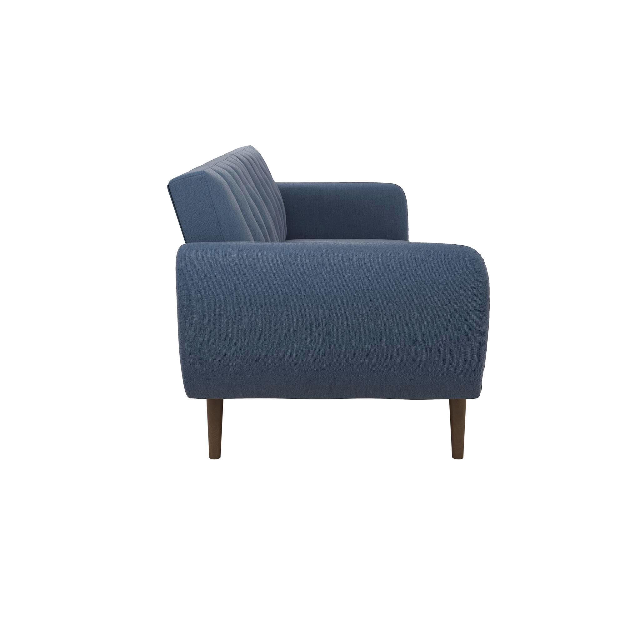 Novogratz Brittany Sofa Futon - Premium Linen Upholstery with Wooden Legs in Blue | Convertible Sleeper Sofa for Small Spaces, Living Room & Guest Room
