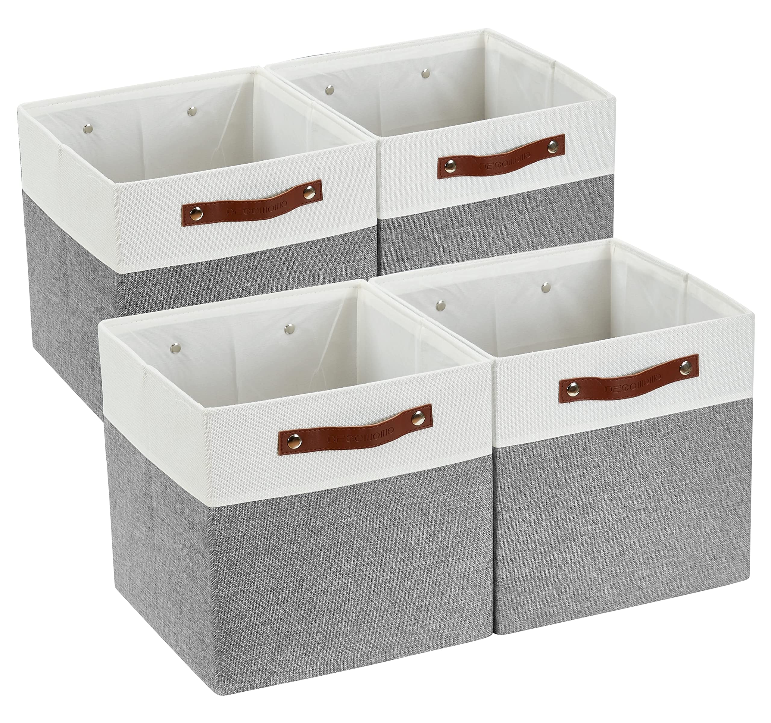 DECOMOMO 11 Inch Fabric Storage Bins - Set of 4 Grey and White Cube Organizer Baskets for Shelves, Closet, Nursery & Home Organization | Perfect for Toys, Books, Blankets & More