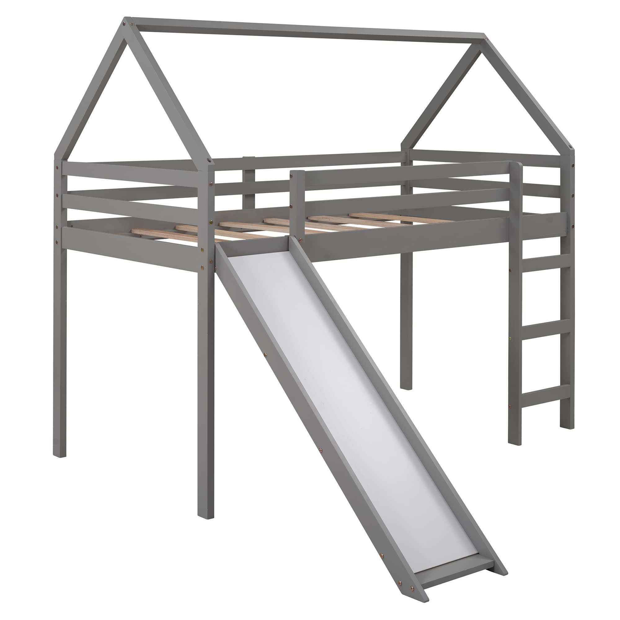 Twin Size Loft Bed with Slide, Roof and Ladder - Wooden Playhouse Bed Frame for Kids & Teens (Gray) - No Box Spring Needed - Perfect for Small Bedrooms, Playrooms & Dorm Rooms