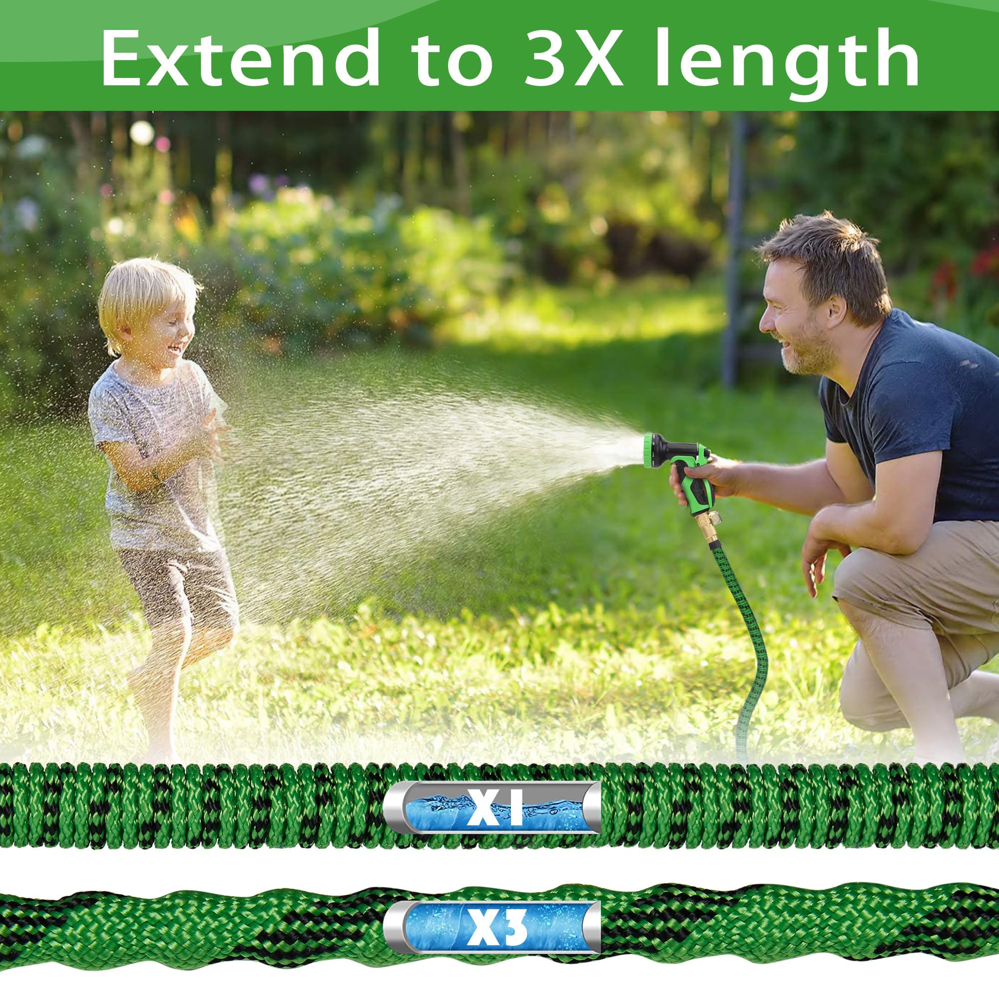 50 ft Expandable Garden Hose with 10 Spray Nozzle - 2024 Upgraded Flexible Water Hose with 4-Layer Latex Core - Lightweight, Durable, No-Kink Hose for Lawn, Yard, Car Washing & Outdoor Cleaning