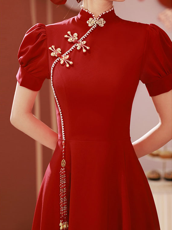 Elegant Burgundy A-Line Puff Sleeve Cheongsam Wedding Dress | Vintage Chinese QiPao Bridal Gown | Perfect for Bridal Shower, Tea Ceremony & Special Occasions