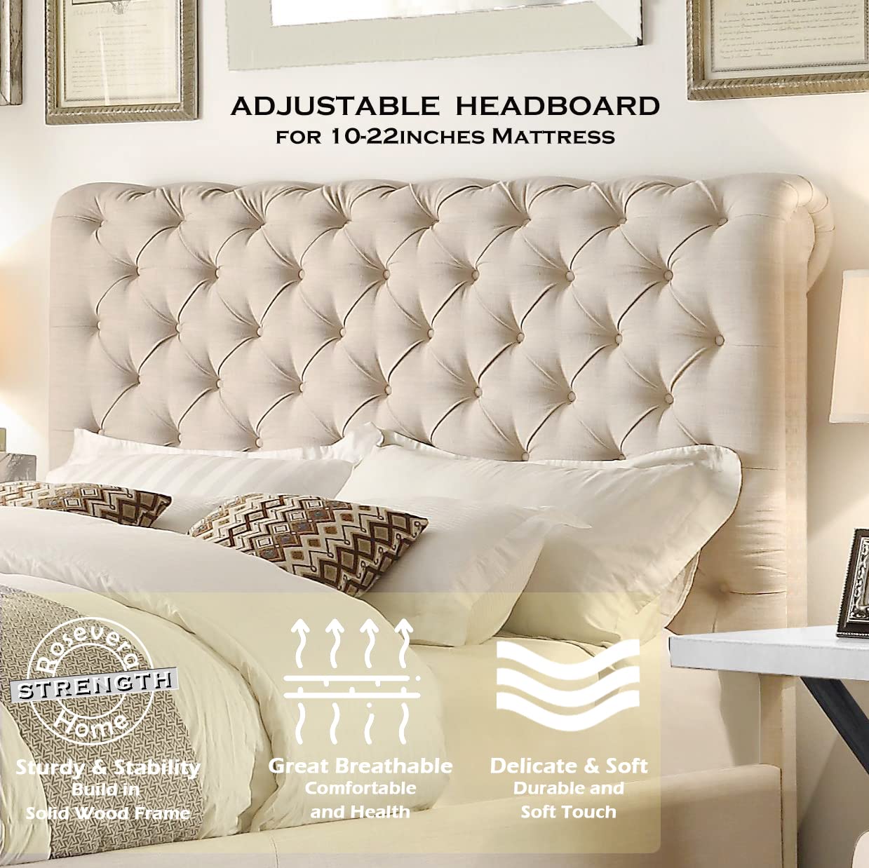 Rosevera King Beige Upholstered Bed Frame with Luxurious Headboard - Elegant Platform Bed Design for Master Bedroom, Guest Room & Dorm | Perfect for Modern, Contemporary & Farmhouse Home Decor