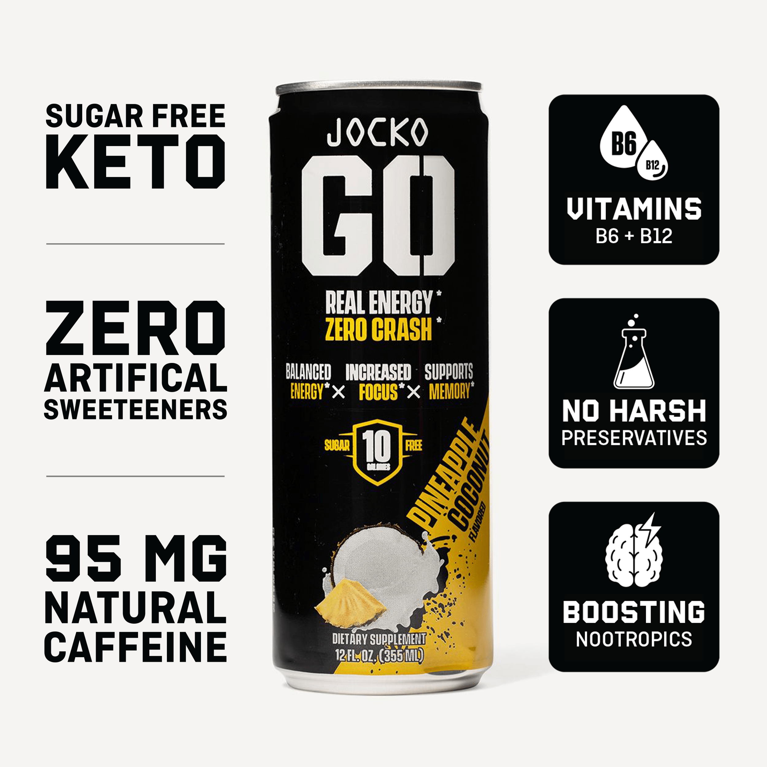 JOCKO GO Energy Drink - 12 Pack | Sugar-Free Pre Workout & Post Workout Supplement | Boost Energy & Focus for Gym, Running & Fitness
