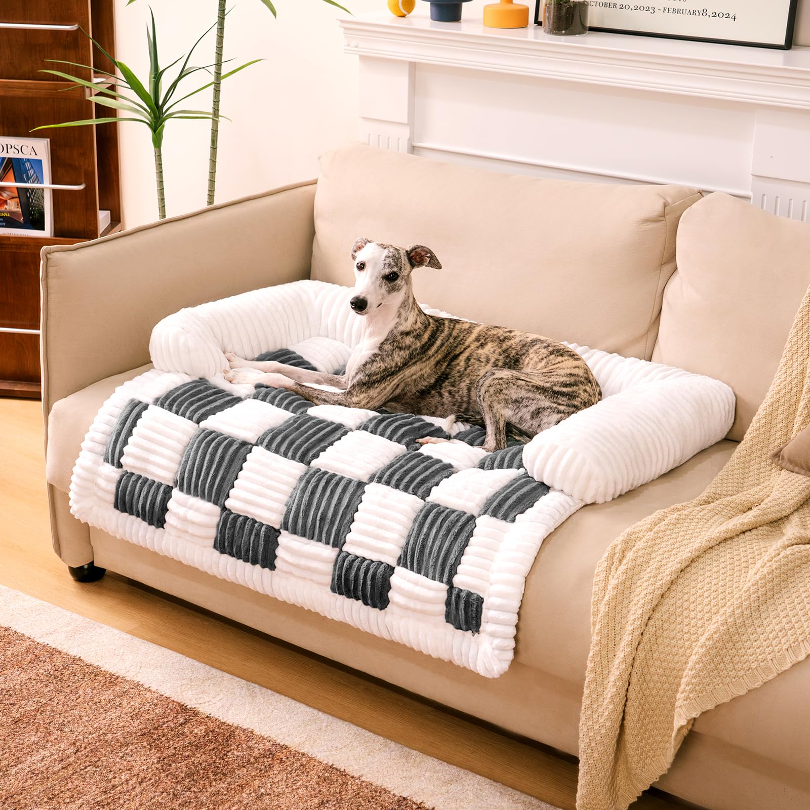 Funny Fuzzy Pet Couch Cover for Dogs - Large Washable Plaid Sofa Protector | Cream Square Dog Bed Mat for Furniture Protection | Perfect for Living Room, Bedroom & Pet-Friendly Homes (Black)