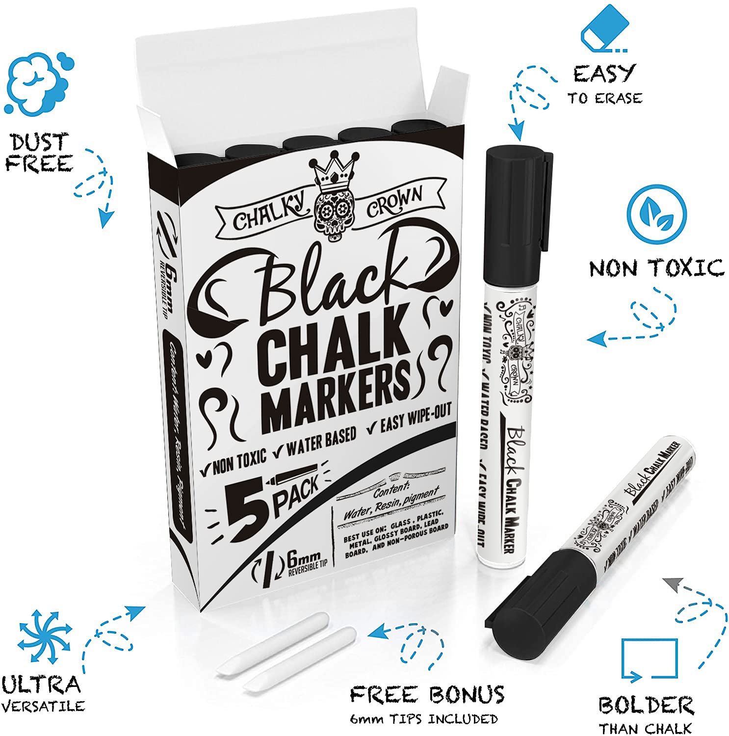 CHALKY CROWN Liquid Chalk Markers 5 Pack - Dry Erase Markers for Chalkboard, Blackboard, Glass & Windows - 6mm Reversible Tip Non-Toxic Markers - Perfect for Restaurants, Cafes, Retail Signs & Classroom Whiteboards (Black)