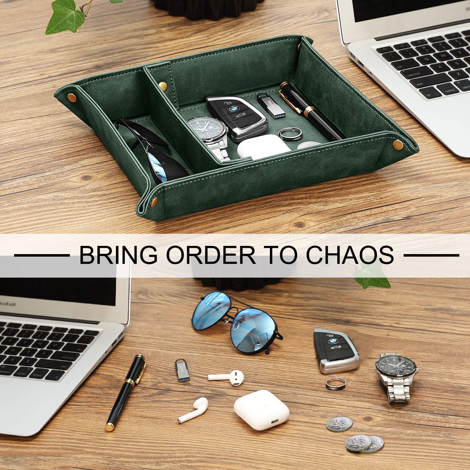 SITHON Valet Tray - 2 Compartment Desktop Organizer with Removable Dividers | Nightstand Catchall Tray for Jewelry, Keys & Essentials | Dark Green Storage Plate for Bedroom, Office & Vanity