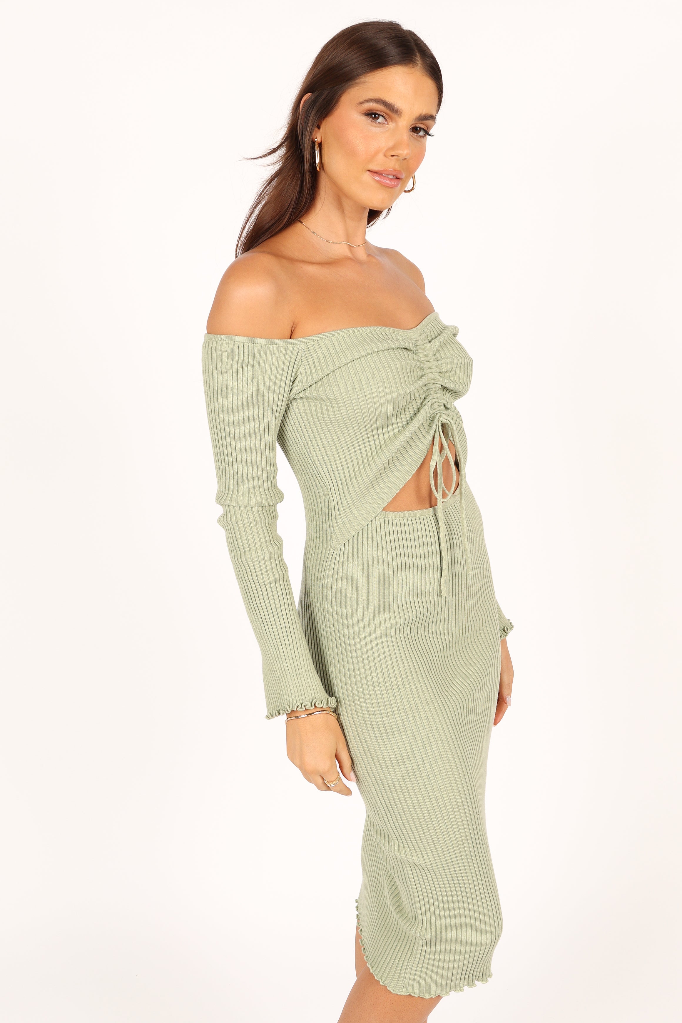 Geneva Off Shoulder Midi Dress in Sage Green - Flowy Summer Dress for Beach, Wedding & Date Night