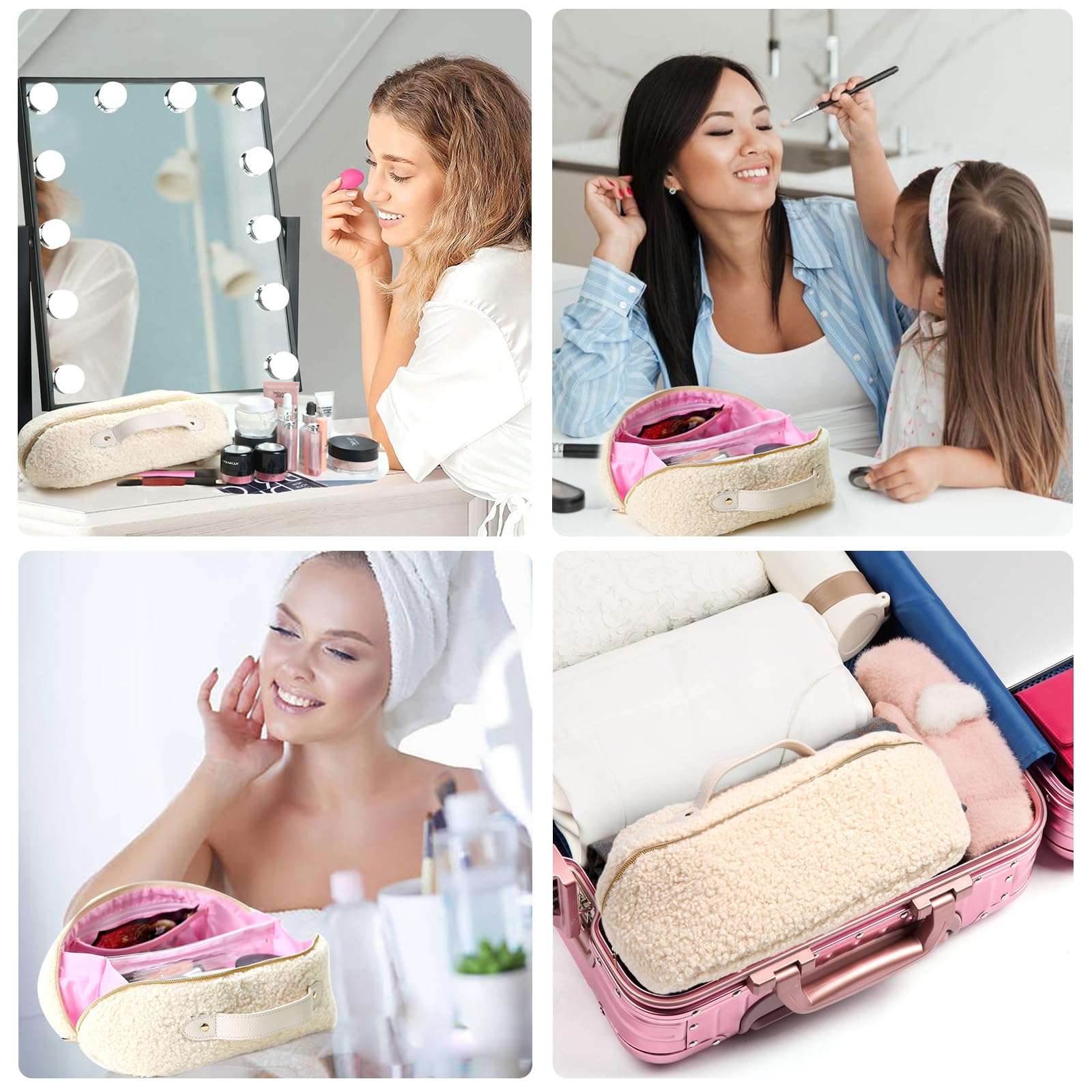 Large Capacity Travel Makeup Bag - Cute Plush Cosmetic Organizer with Handle & Divider, Portable Toiletry Pouch for Women | Perfect for Airplane Carry-on, Gym Essentials & Weekend Getaways (Black)