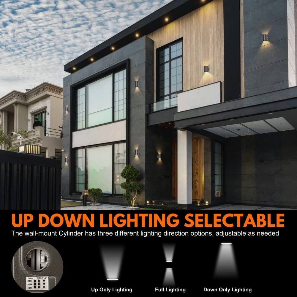 Black Outdoor Wall Sconce Light - 38W/31W/19W Selectable, 5600 Lumens, 3 CCT Options, 120-277V, Photocell with Cap - Perfect for Porch, Patio, Garden & Exterior Home Lighting