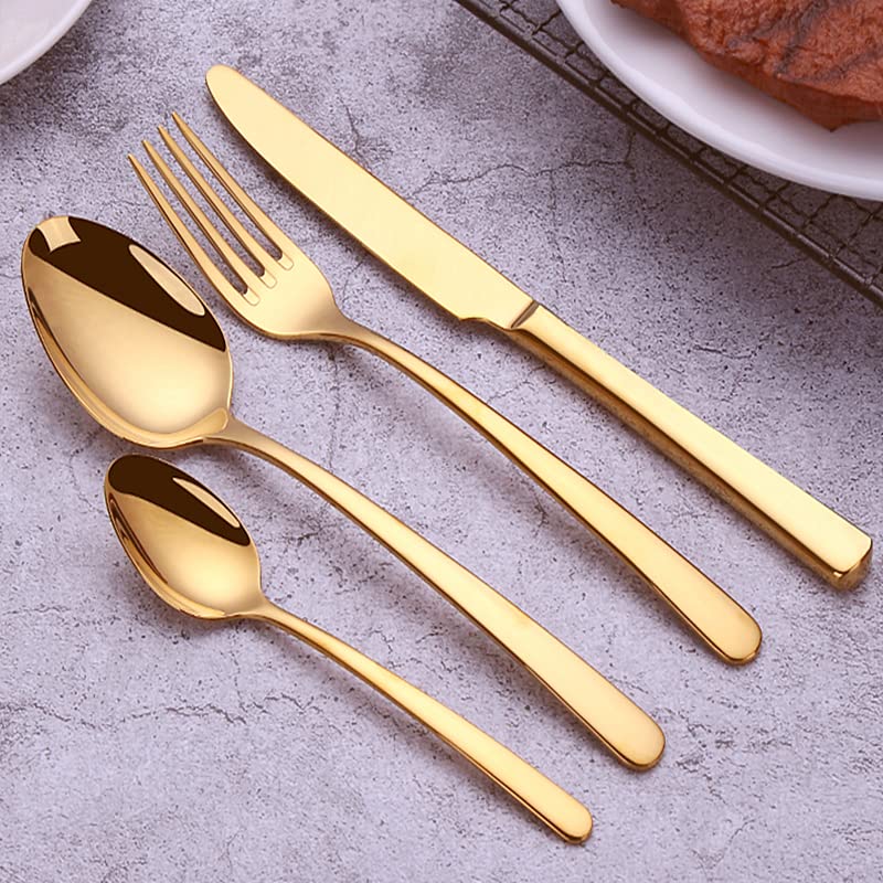 24-Piece Stainless Steel Silverware Set - Gold Flatware Cutlery for Kitchen, Dining & Travel - Knife, Fork & Spoon Tableware Set for Restaurants, Parties & Everyday Use